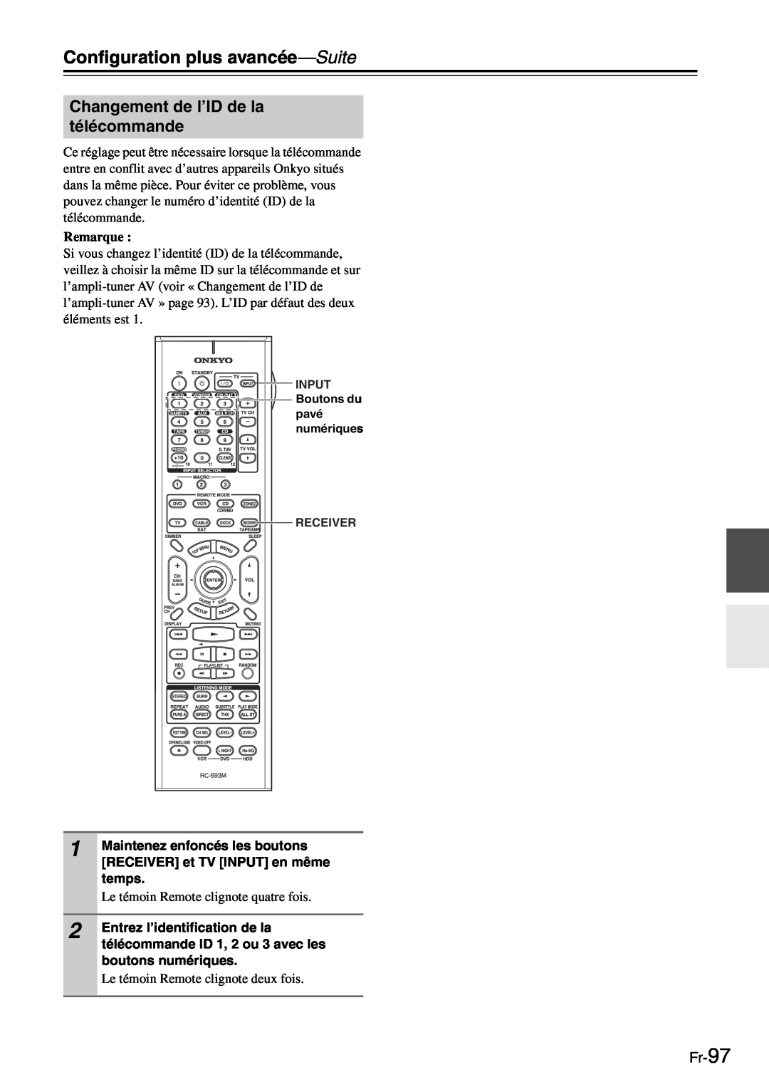 Onkyo TX-SR705 manual Changement de l’ID de la télécommande, Fr-97, Configuration plus avancée—Suite, Remarque 