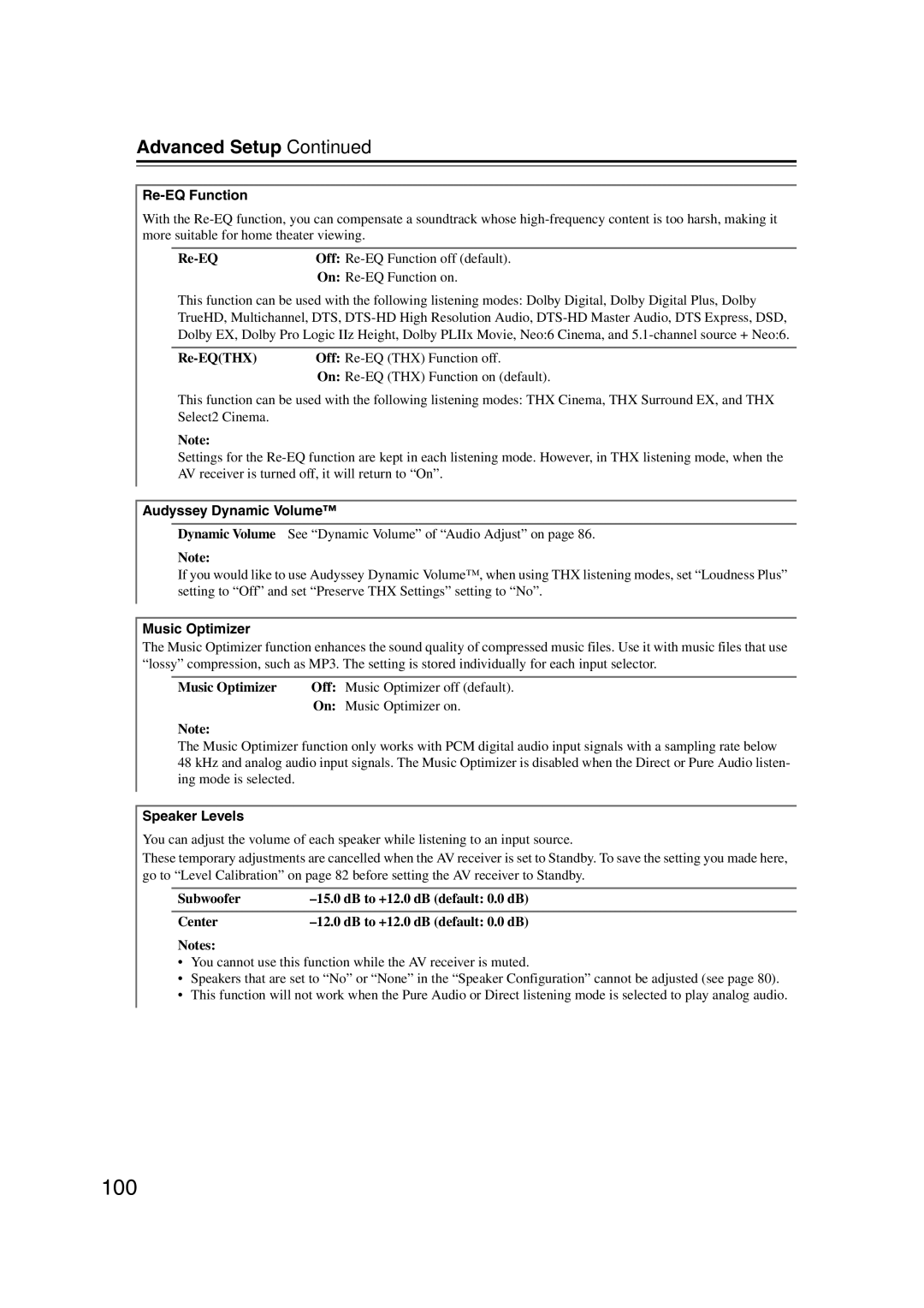 Onkyo TX-SR707 instruction manual 100, Re-EQ Function, Audyssey Dynamic Volume, Music Optimizer, Speaker Levels 