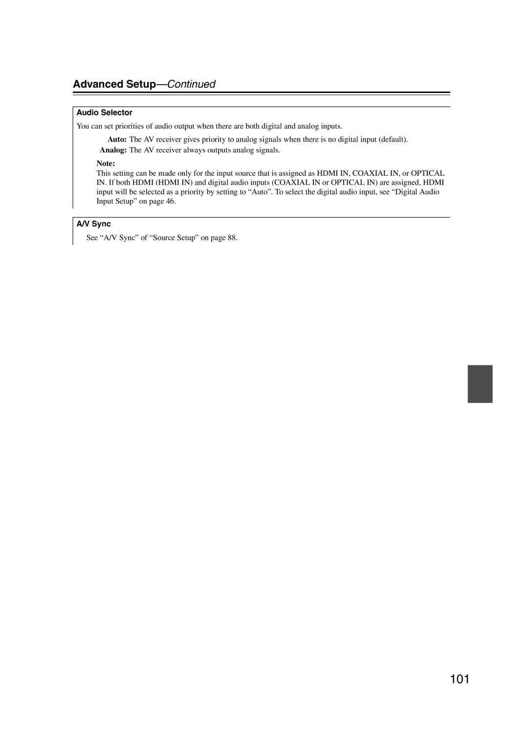 Onkyo TX-SR707 instruction manual 101, Audio Selector, See A/V Sync of Source Setup on 