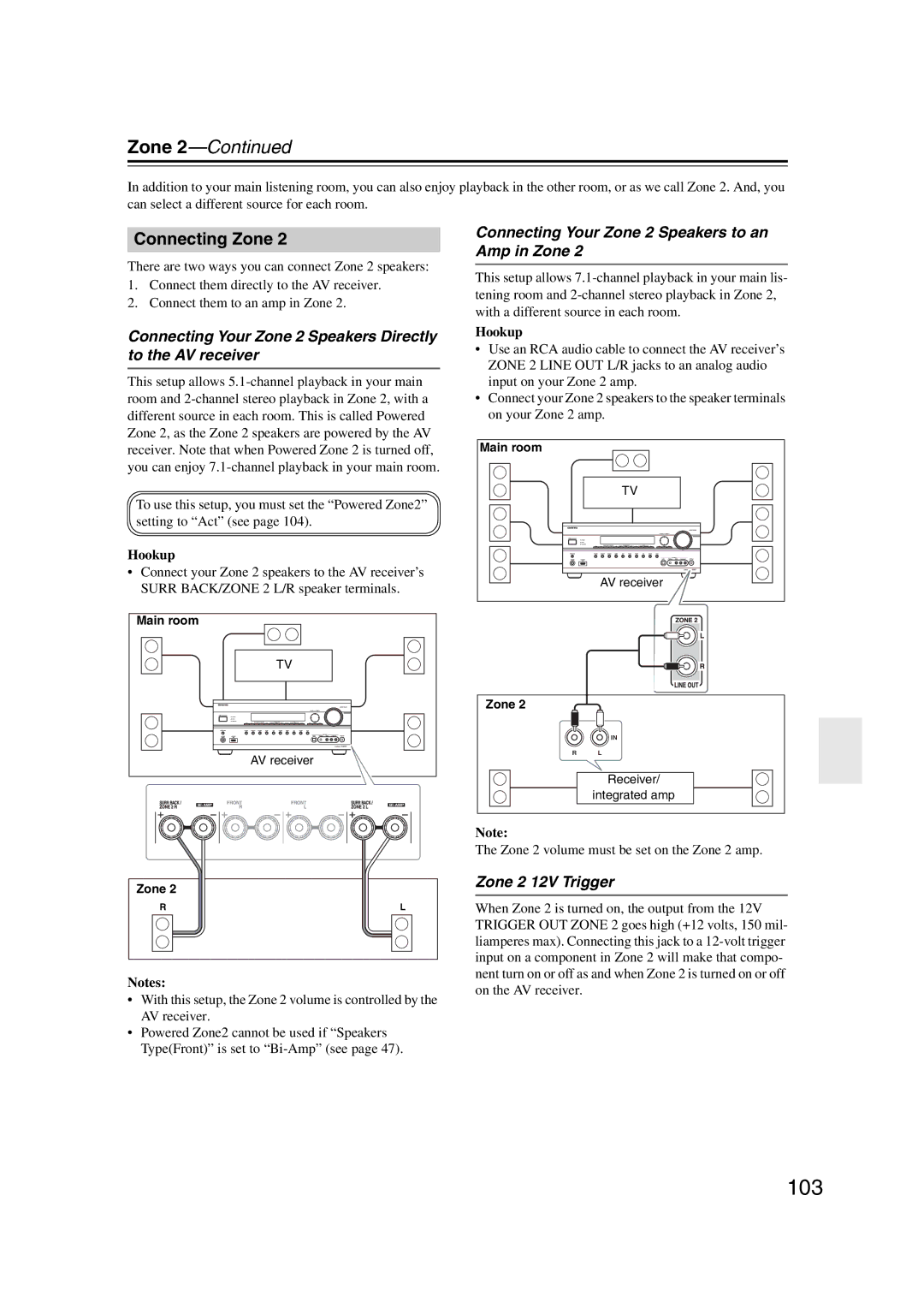 Onkyo TX-SR707 103, Connecting Zone, Connecting Your Zone 2 Speakers Directly to the AV receiver, Zone 2 12V Trigger 