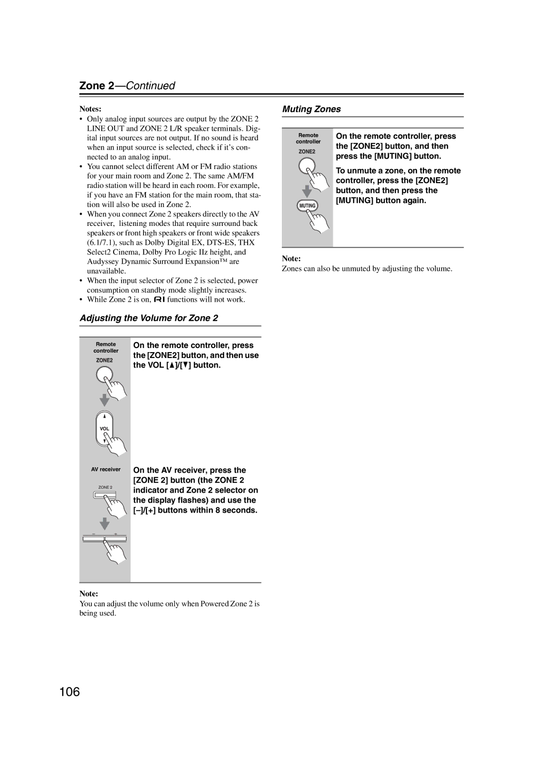 Onkyo TX-SR707 instruction manual 106, Adjusting the Volume for Zone, Muting Zones 