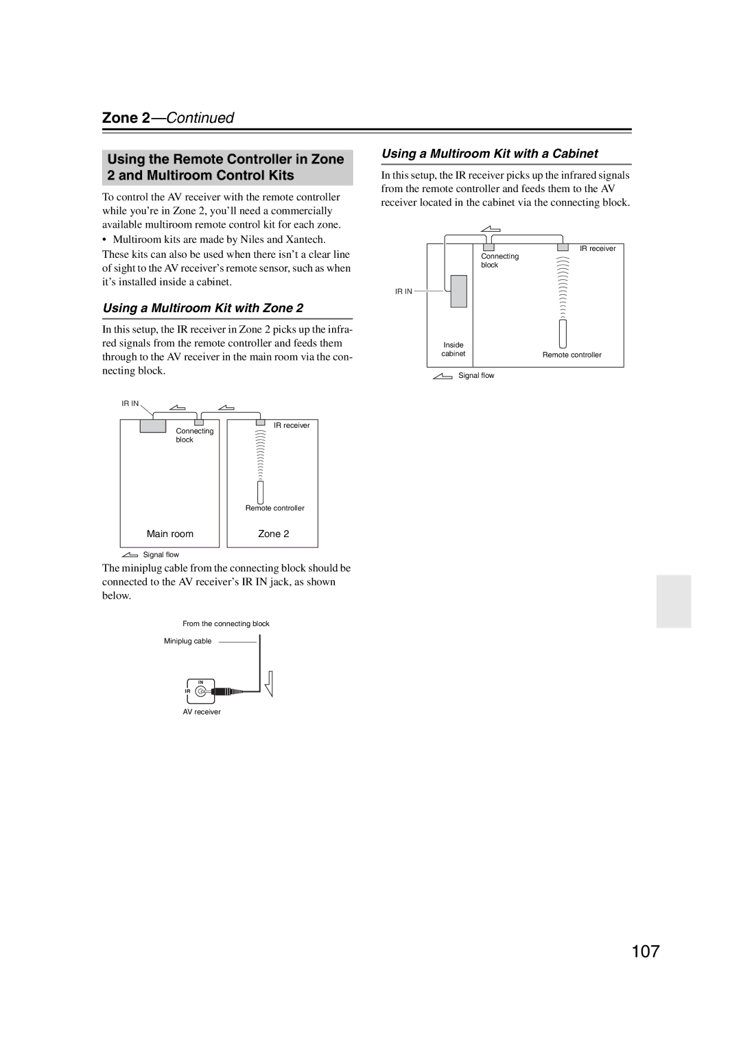 Onkyo TX-SR707 instruction manual 107, Using a Multiroom Kit with Zone, Using a Multiroom Kit with a Cabinet 