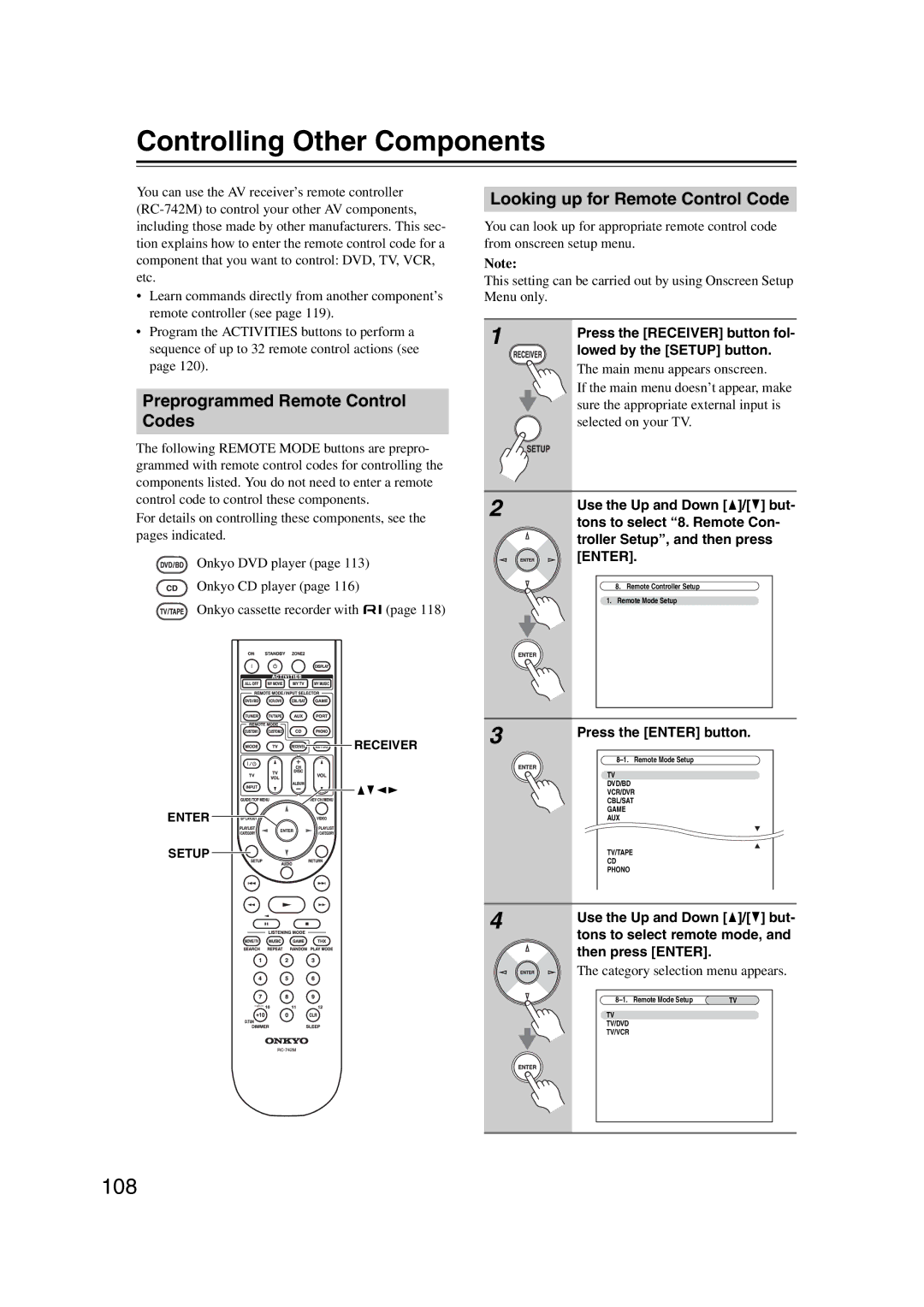 Onkyo TX-SR707 Controlling Other Components, 108, Preprogrammed Remote Control Codes, Looking up for Remote Control Code 