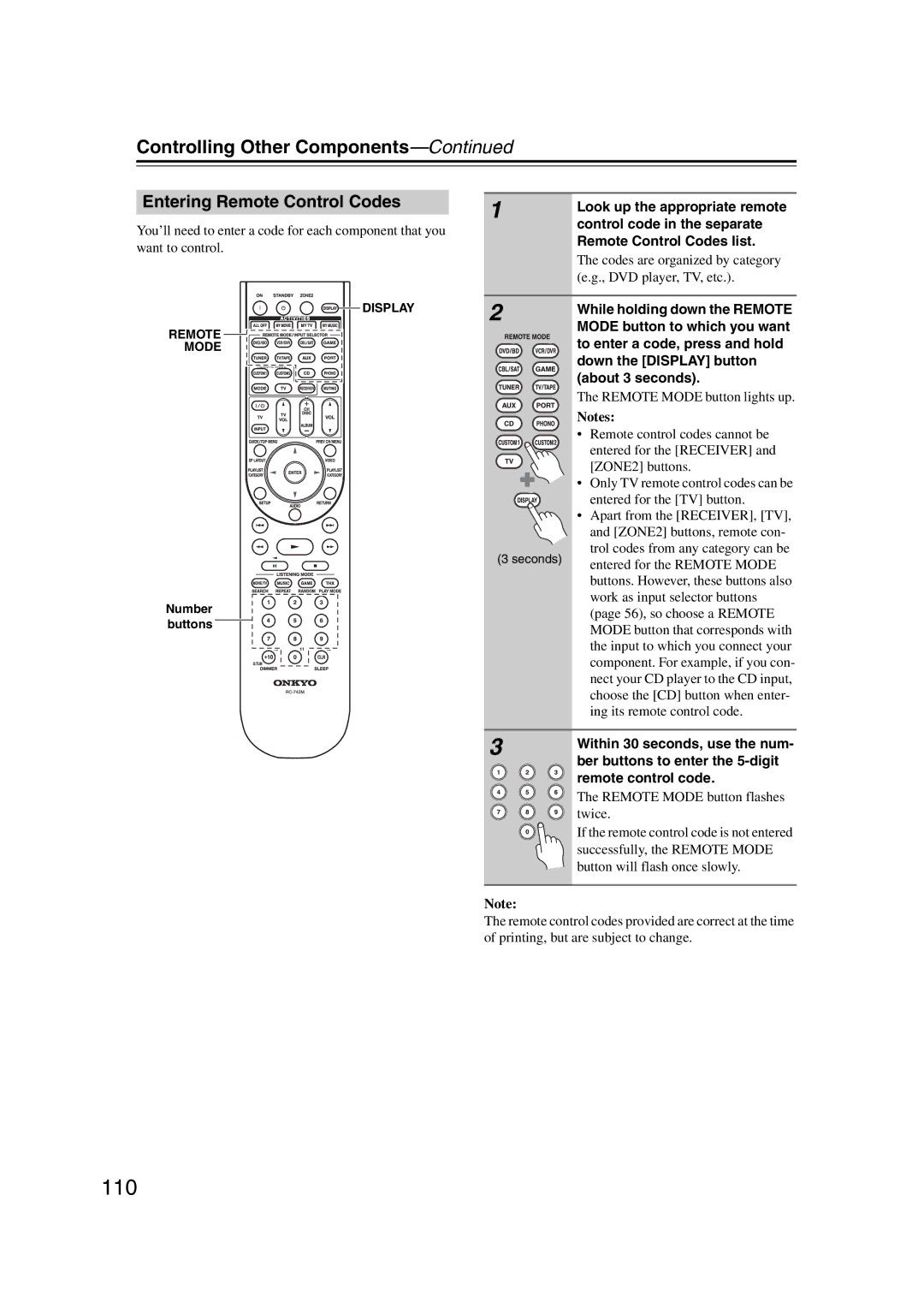 Onkyo TX-SR707 instruction manual 110, Entering Remote Control Codes 