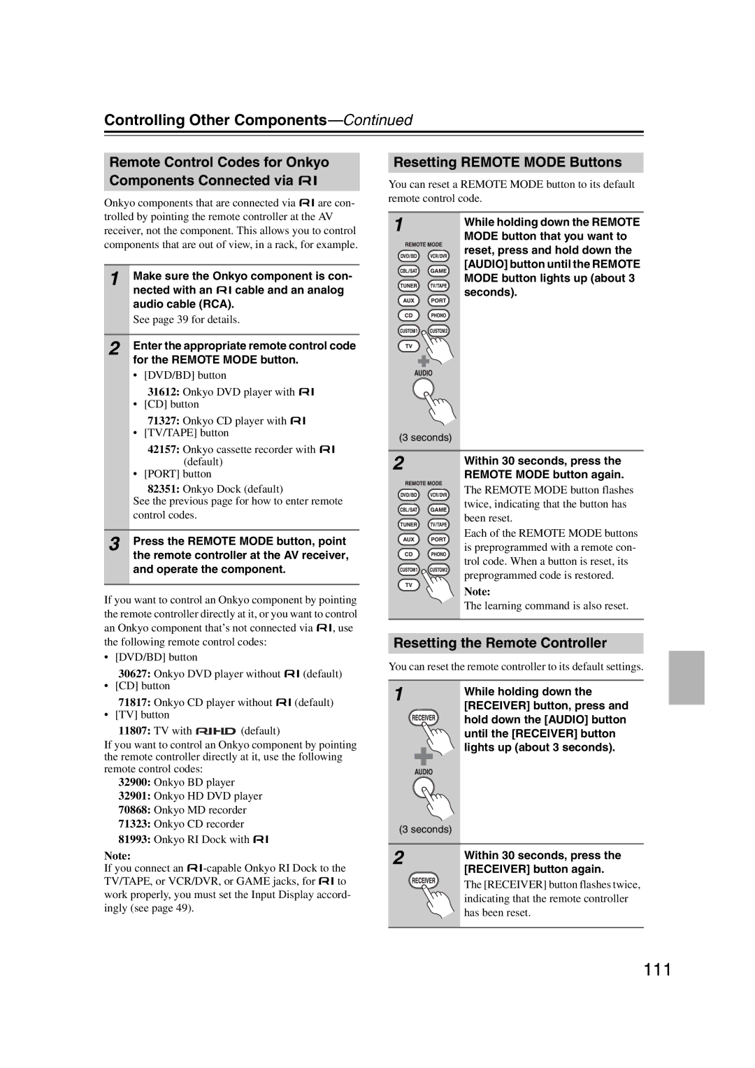 Onkyo TX-SR707 111, Remote Control Codes for Onkyo Components Connected via u, Resetting Remote Mode Buttons 