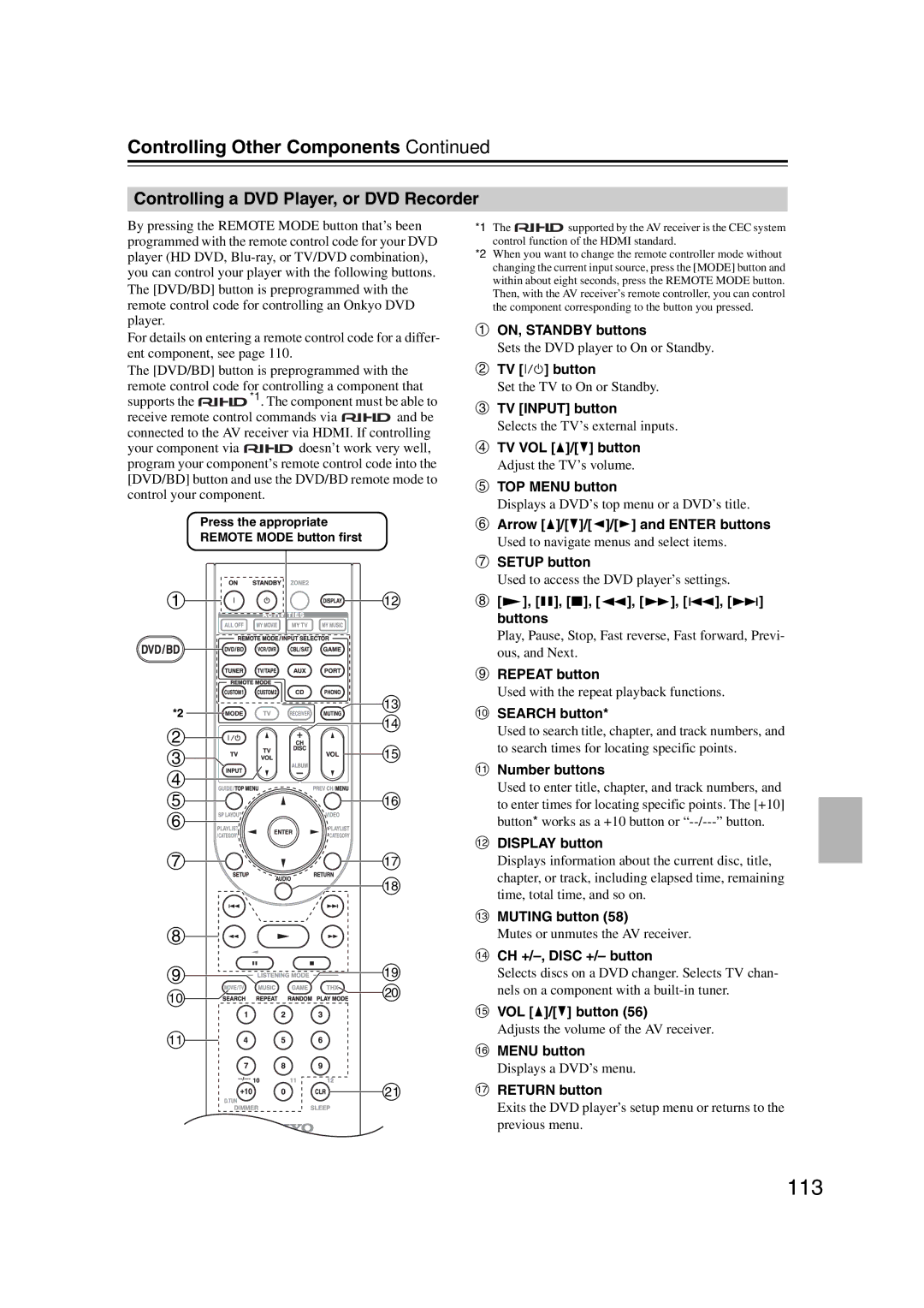 Onkyo TX-SR707 instruction manual 113, Controlling a DVD Player, or DVD Recorder 