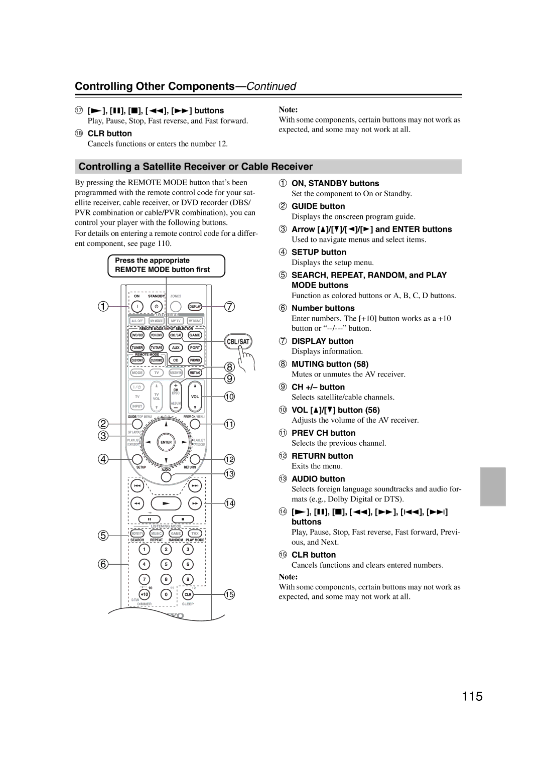 Onkyo TX-SR707 instruction manual 115, Controlling a Satellite Receiver or Cable Receiver, 3, 2, 5, 4 buttons 