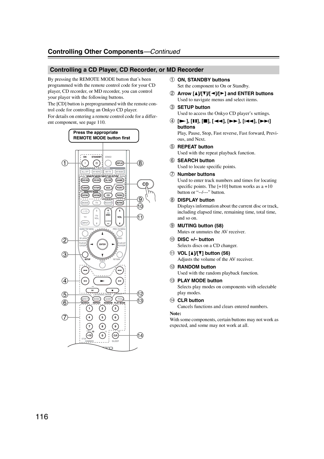 Onkyo TX-SR707 instruction manual 116, Controlling a CD Player, CD Recorder, or MD Recorder, Disc +/- button 