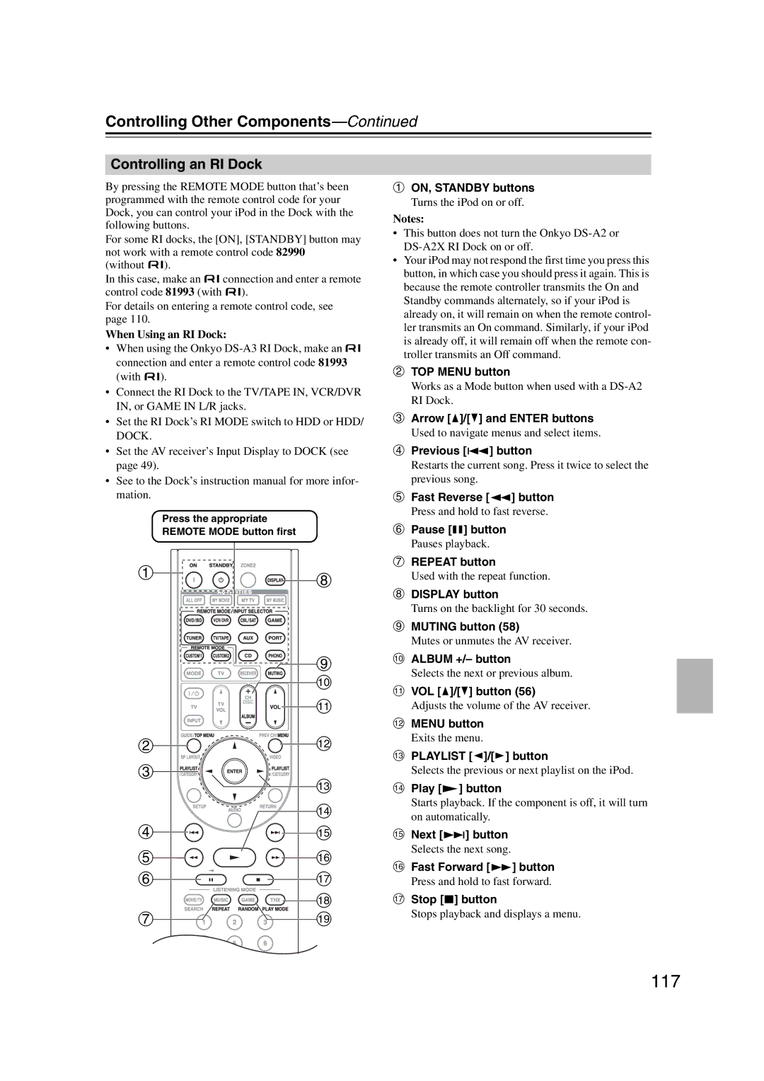 Onkyo TX-SR707 instruction manual 117, Controlling an RI Dock, When Using an RI Dock, Playlist e/r button 