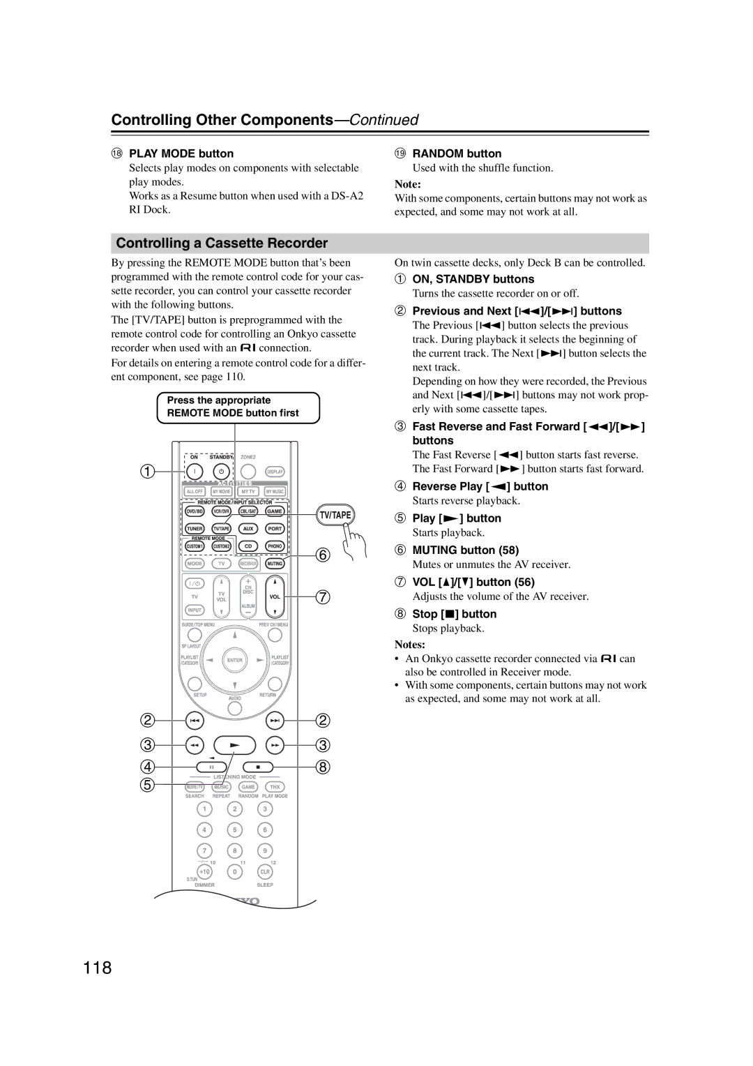 Onkyo TX-SR707 118, Controlling a Cassette Recorder, Previous and Next 7/6 buttons, Reverse Play t button 