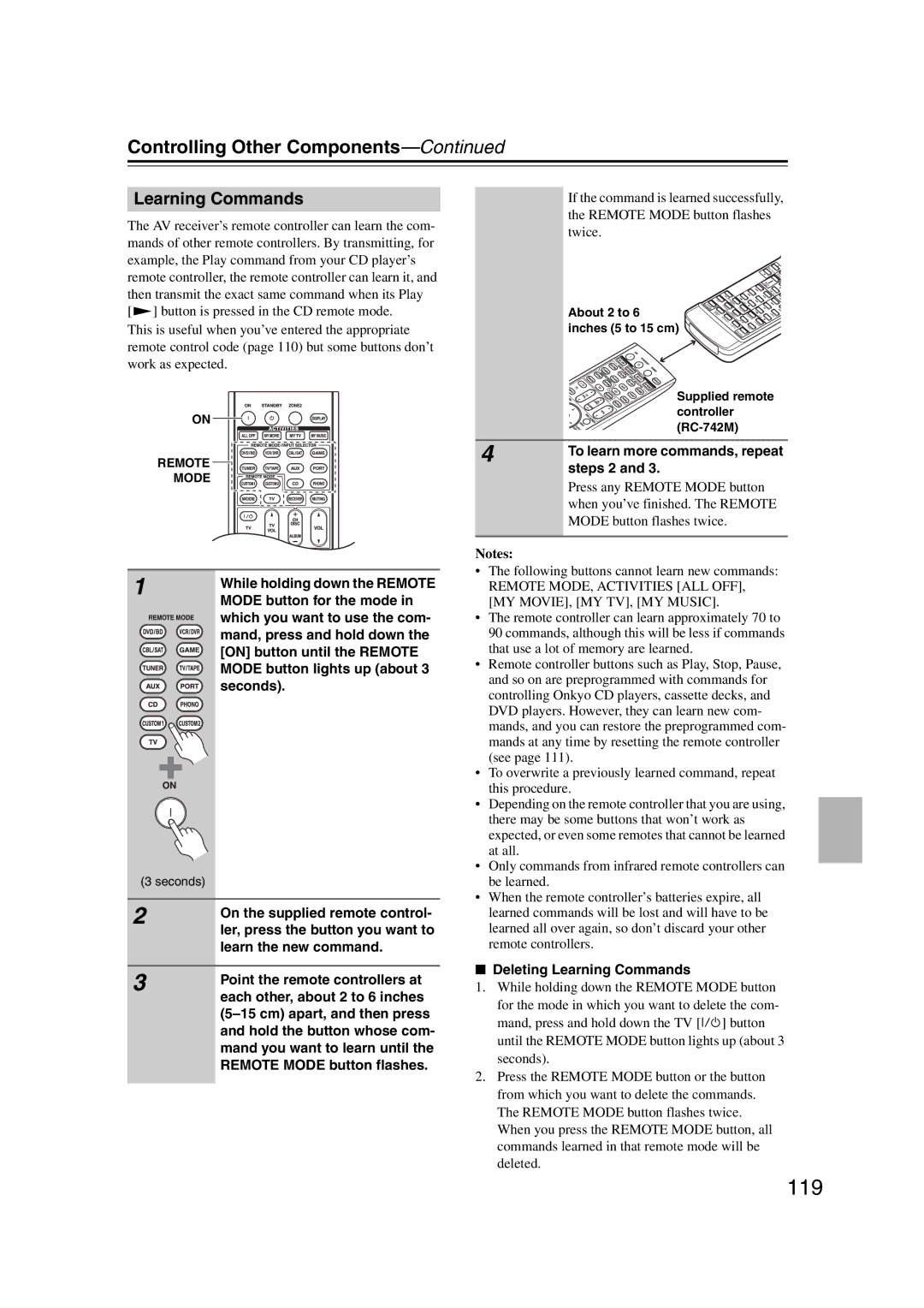 Onkyo TX-SR707 instruction manual 119, Learning Commands 