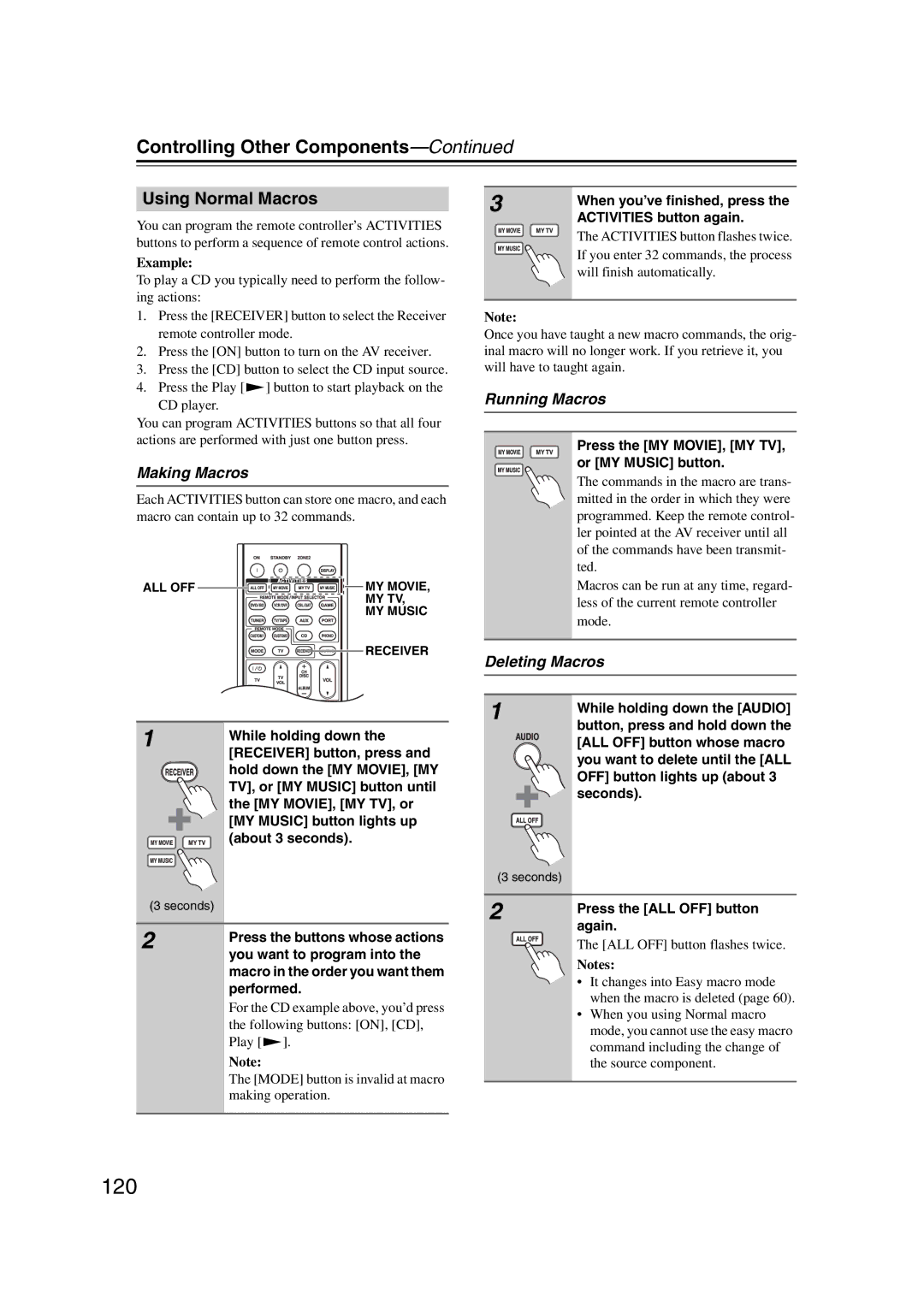 Onkyo TX-SR707 instruction manual 120, Using Normal Macros, Making Macros, Running Macros, Deleting Macros 