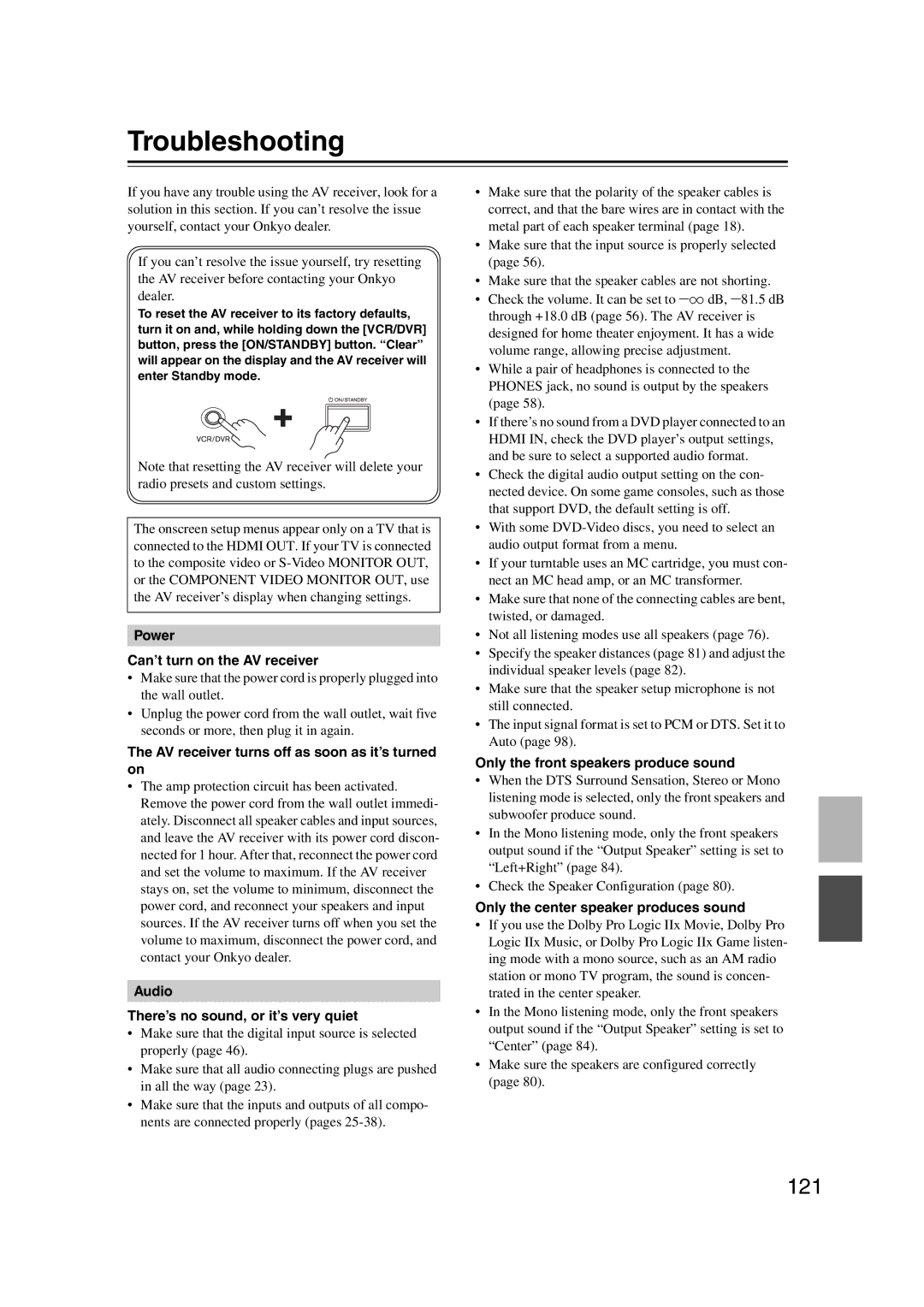 Onkyo TX-SR707 instruction manual Troubleshooting, 121 