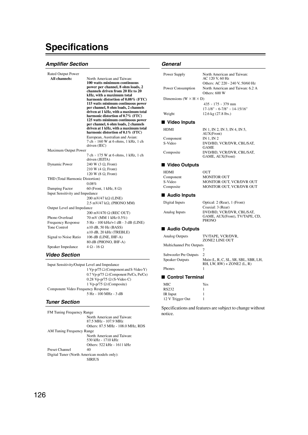 Onkyo TX-SR707 instruction manual Specifications, 126 