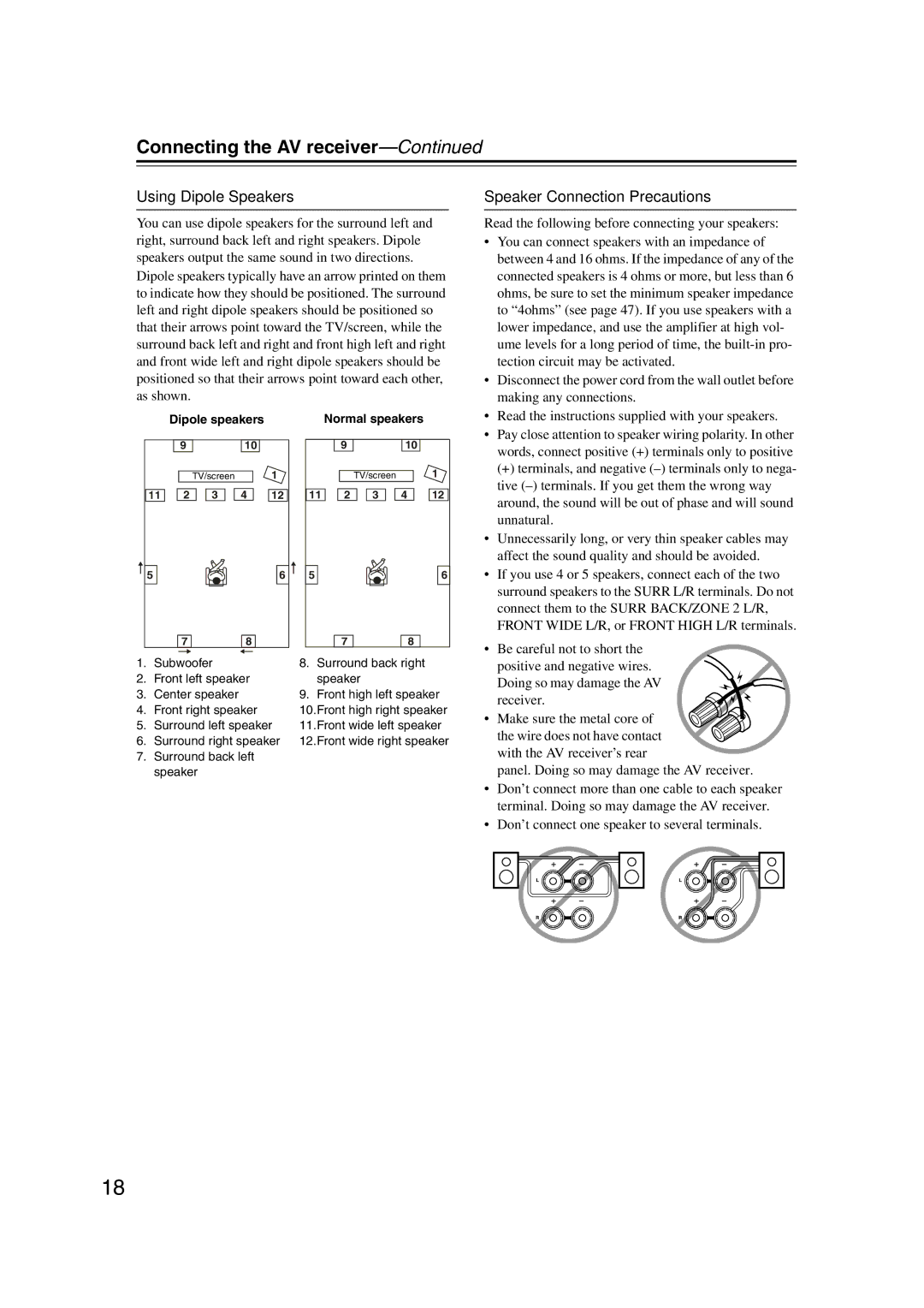 Onkyo TX-SR707 Connecting the AV receiver, Using Dipole Speakers, Speaker Connection Precautions, Dipole speakers 