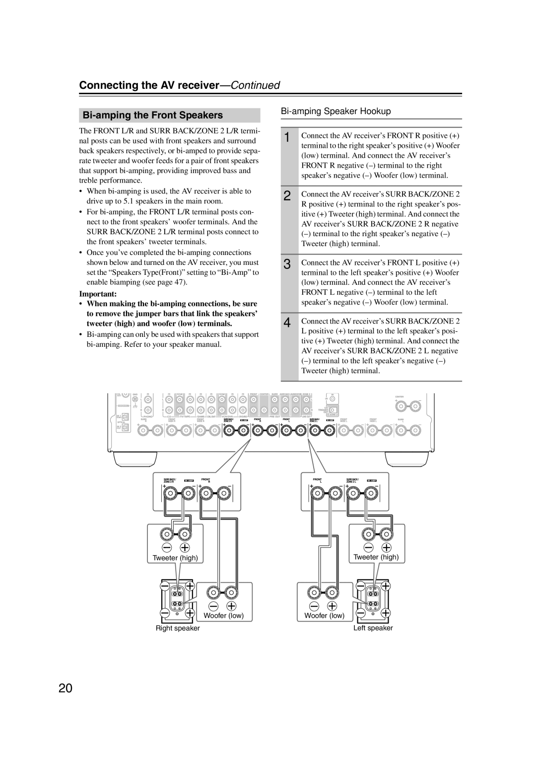 Onkyo TX-SR707 instruction manual Bi-amping the Front Speakers, Bi-amping Speaker Hookup 