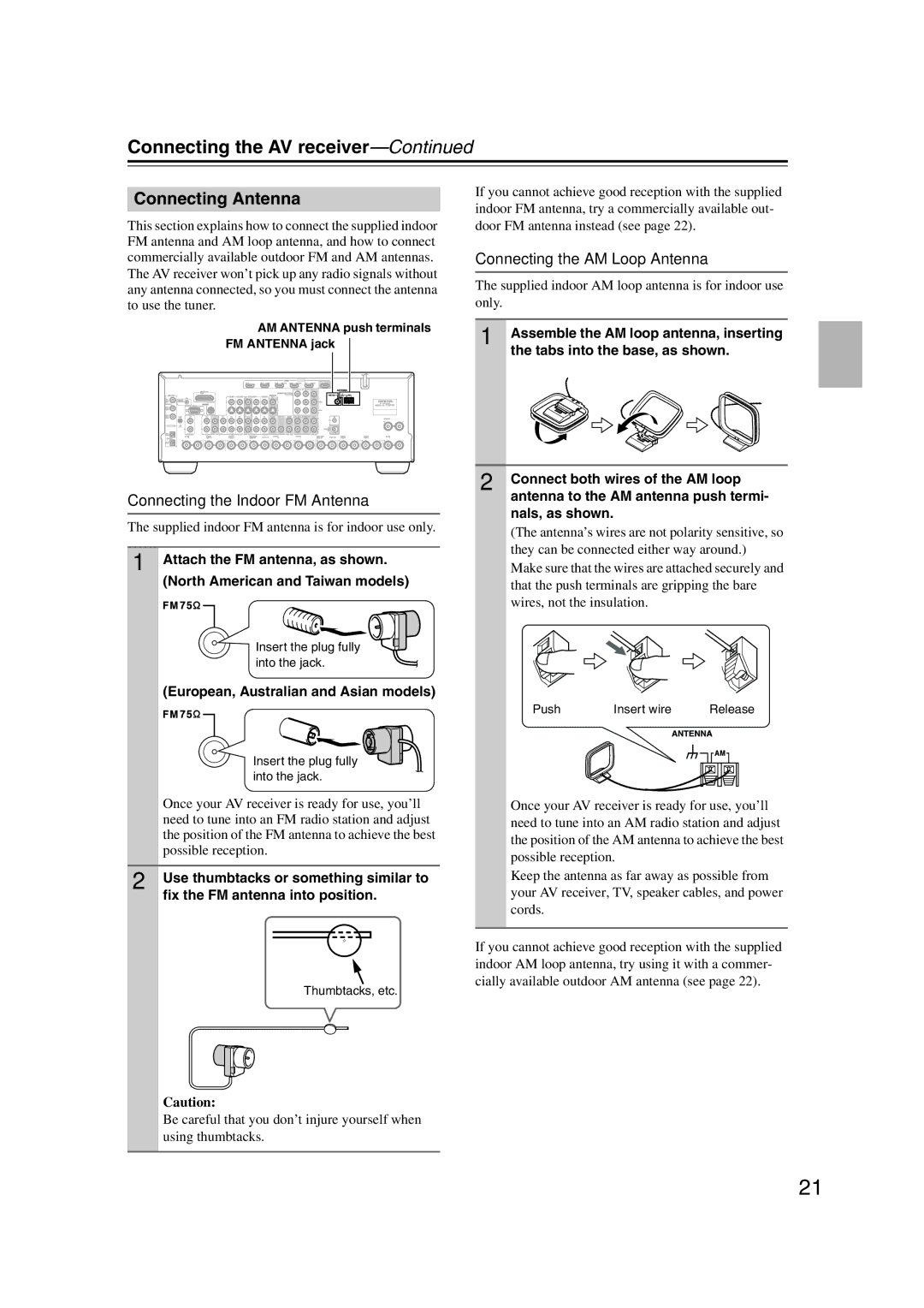 Onkyo TX-SR707 instruction manual Connecting Antenna, Connecting the Indoor FM Antenna, Connecting the AM Loop Antenna 