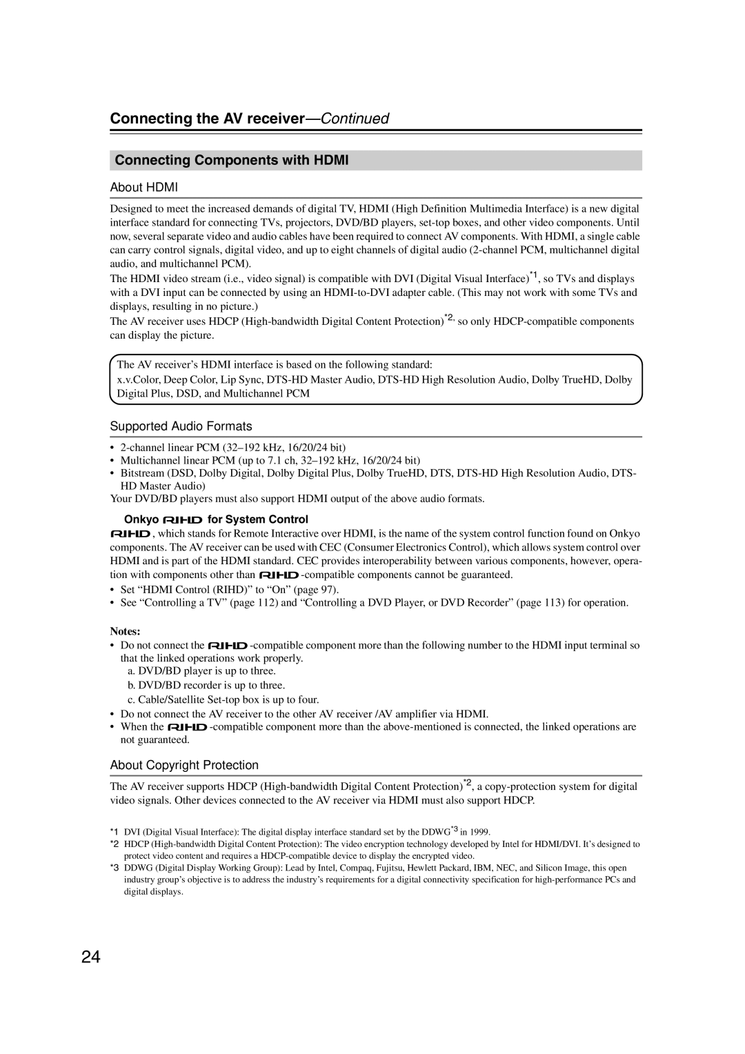 Onkyo TX-SR707 Connecting Components with Hdmi, About Hdmi, Supported Audio Formats, About Copyright Protection 