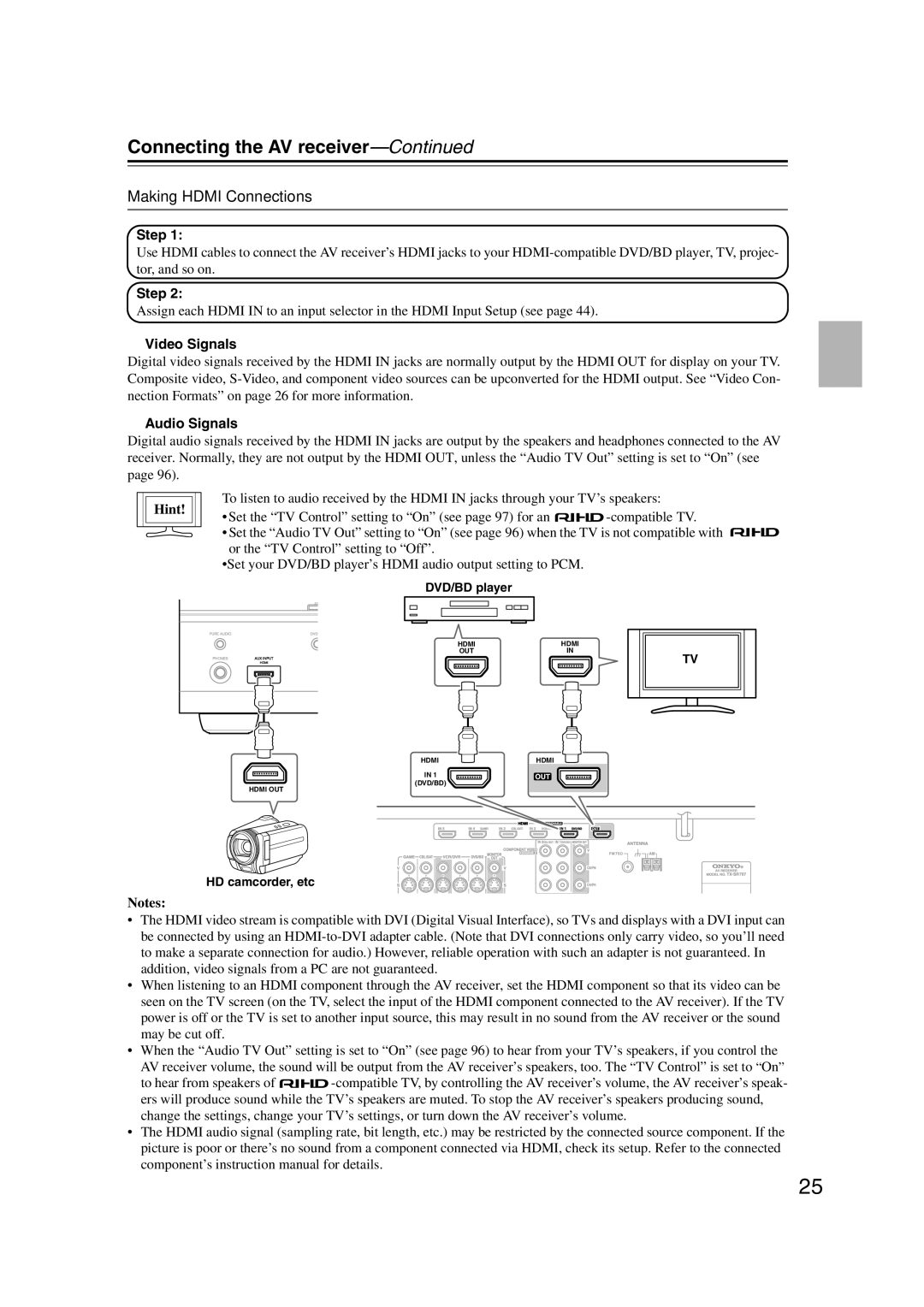 Onkyo TX-SR707 instruction manual Making Hdmi Connections, Step, Video Signals, Audio Signals 