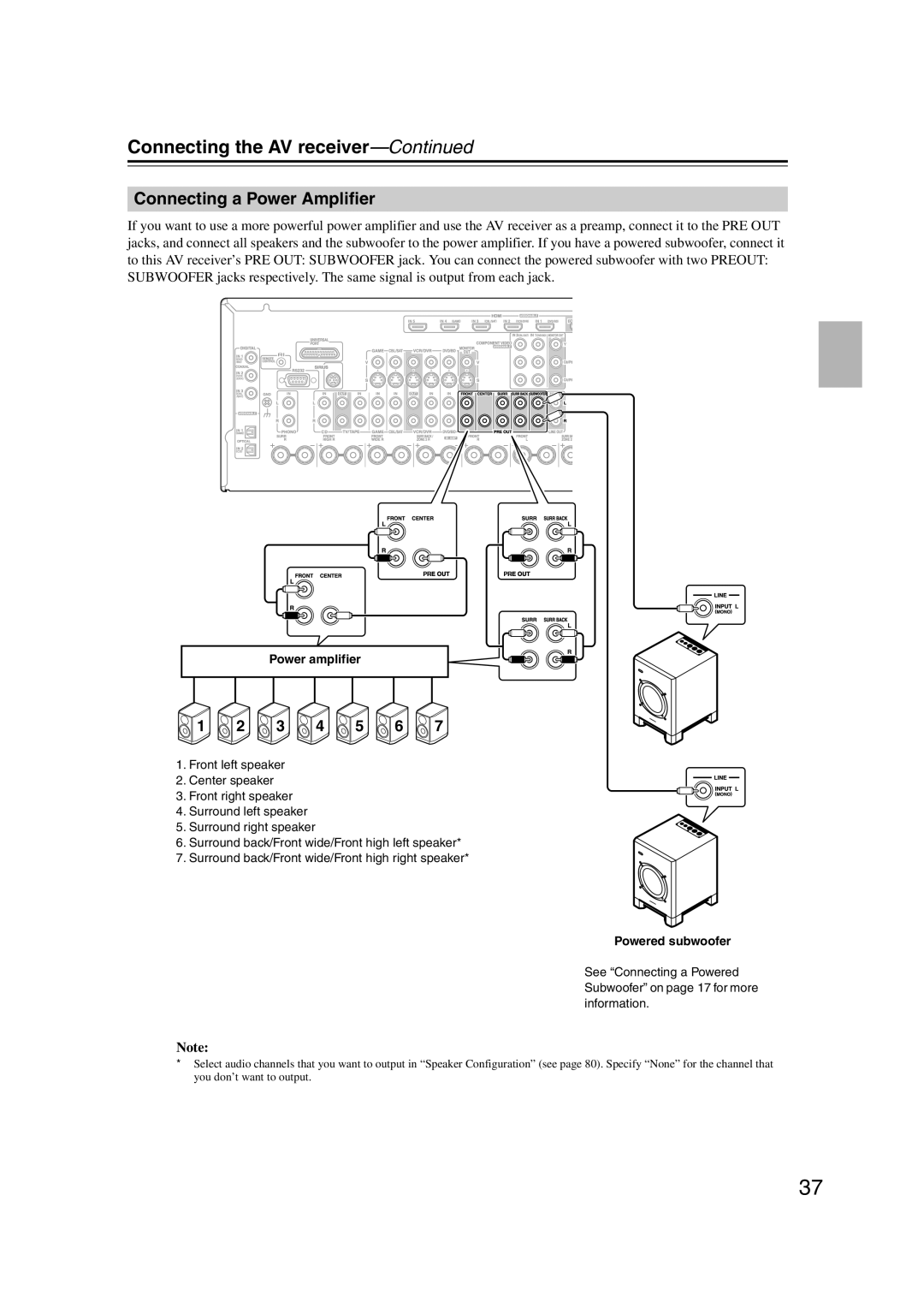 Onkyo TX-SR707 instruction manual Connecting a Power Amplifier, Power amplifier, Powered subwoofer 