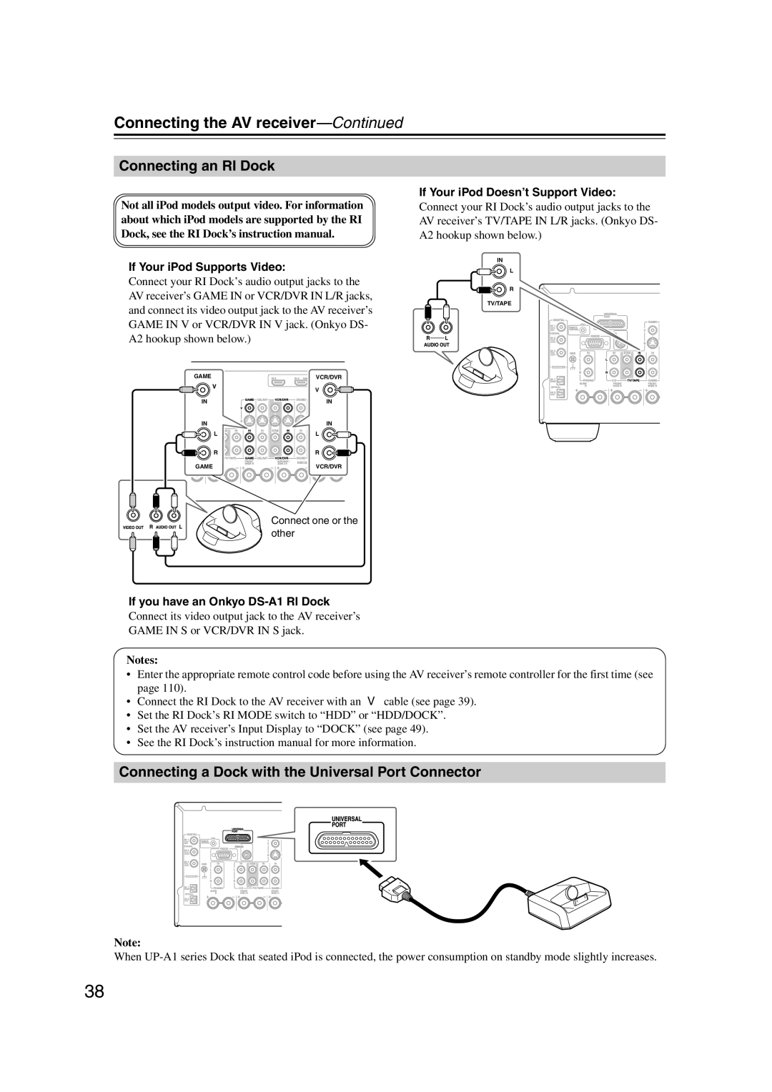 Onkyo TX-SR707 Connecting an RI Dock, Connecting a Dock with the Universal Port Connector, If Your iPod Supports Video 