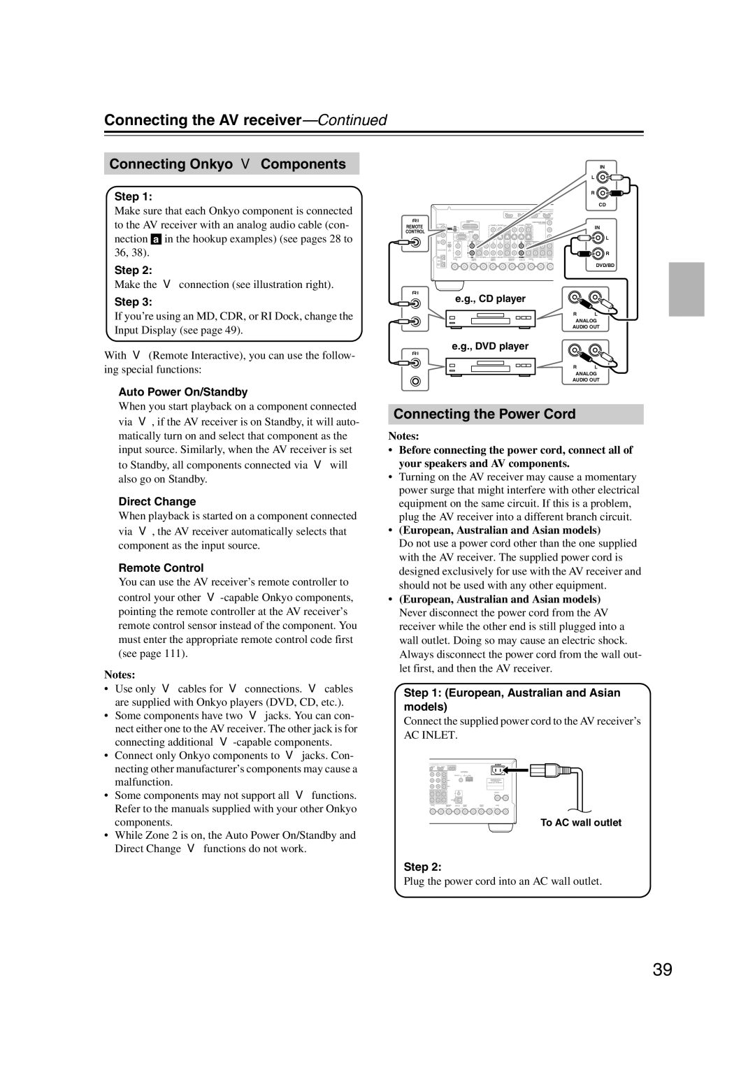 Onkyo TX-SR707 Connecting Onkyo u Components, Connecting the Power Cord, Auto Power On/Standby, Direct Change 