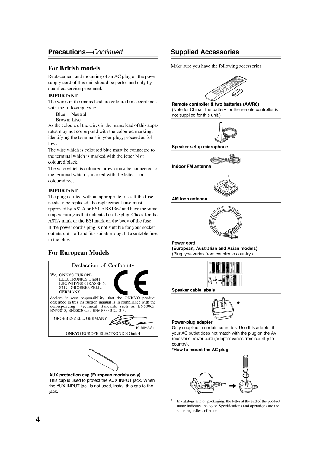 Onkyo TX-SR707 instruction manual Precautions, Supplied Accessories, Make sure you have the following accessories 