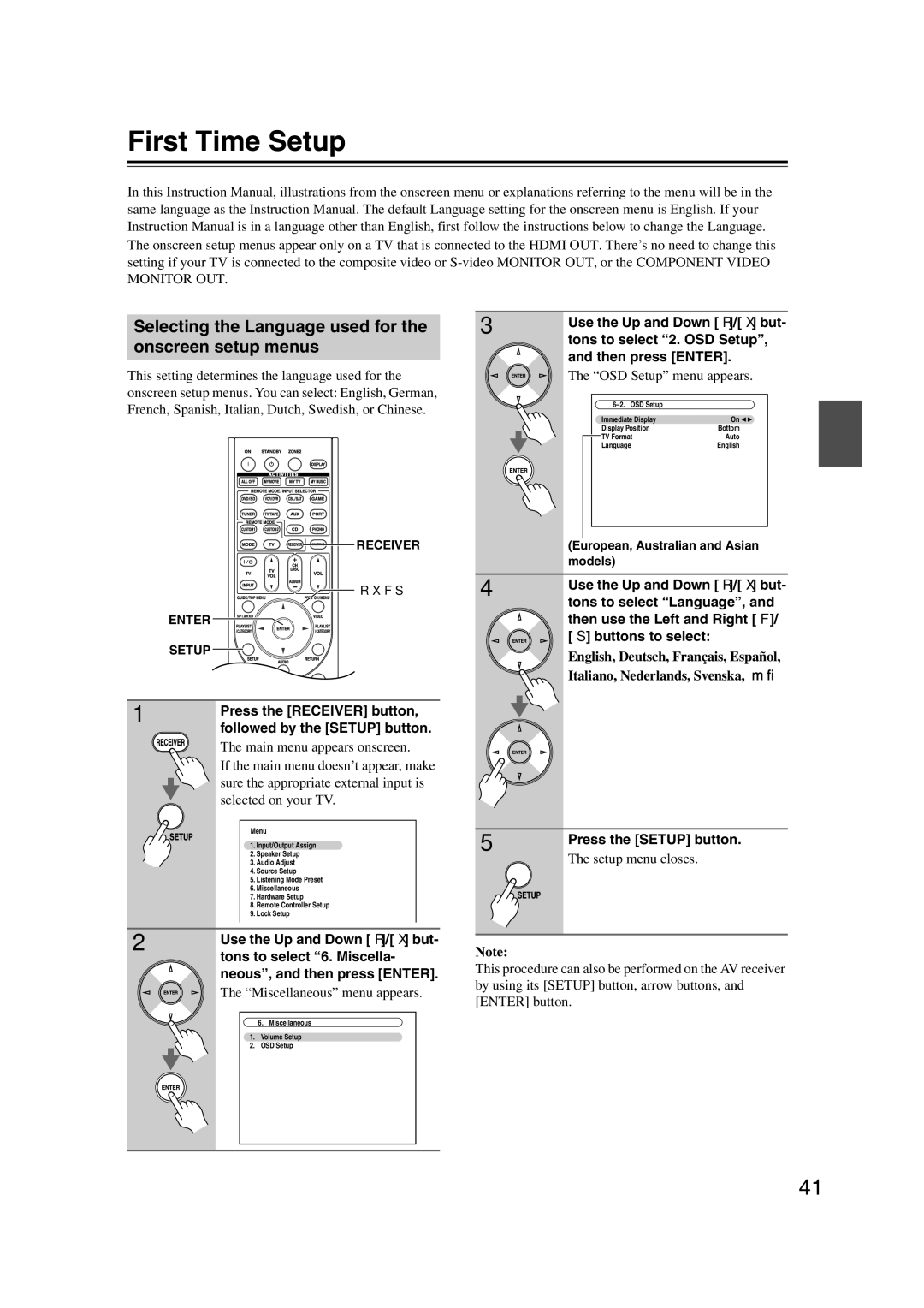 Onkyo TX-SR707 instruction manual First Time Setup, Selecting the Language used for the onscreen setup menus 