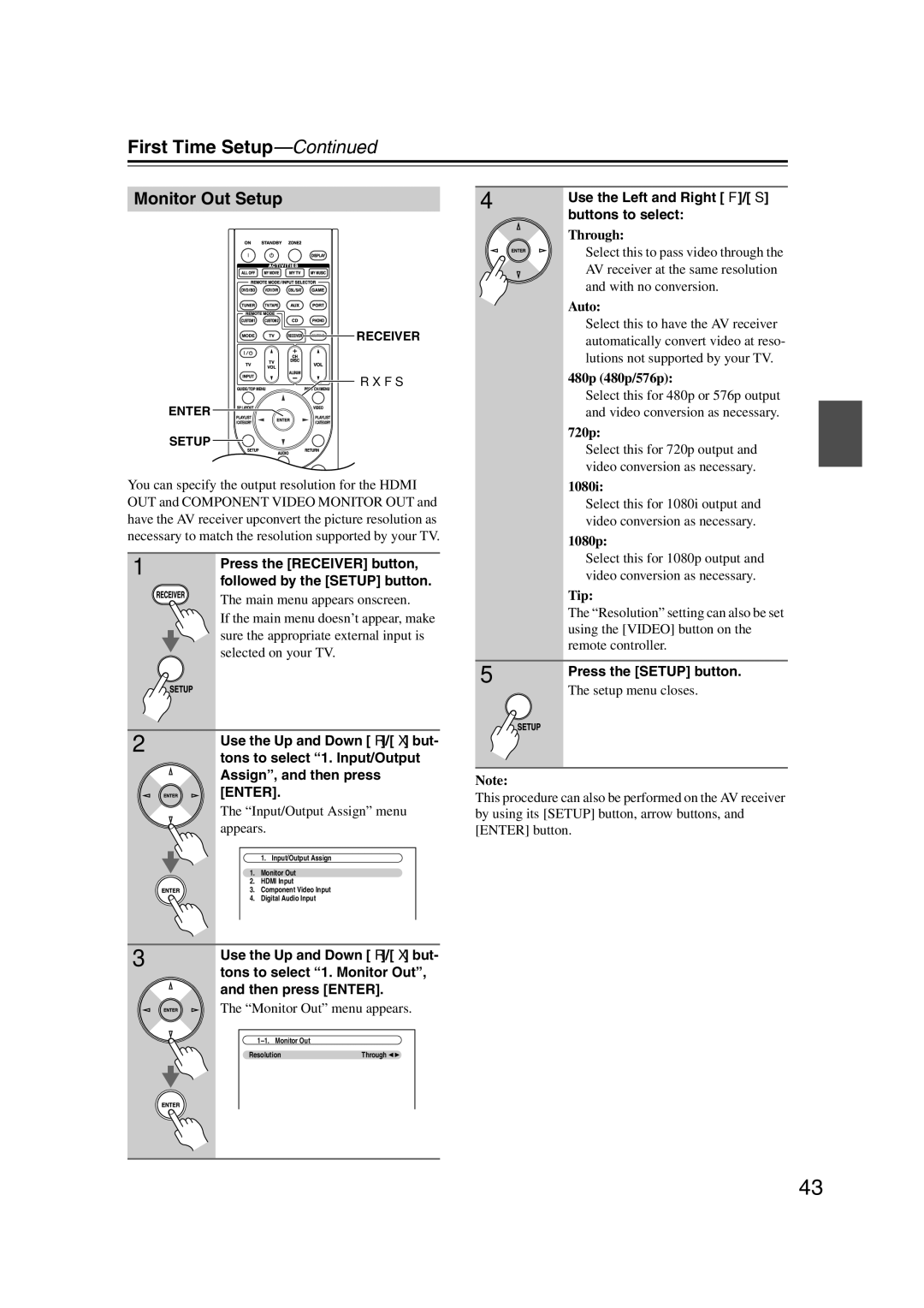 Onkyo TX-SR707 Monitor Out Setup, Tons to select 1. Monitor Out, Use the Left and Right e/ r, Buttons to select 