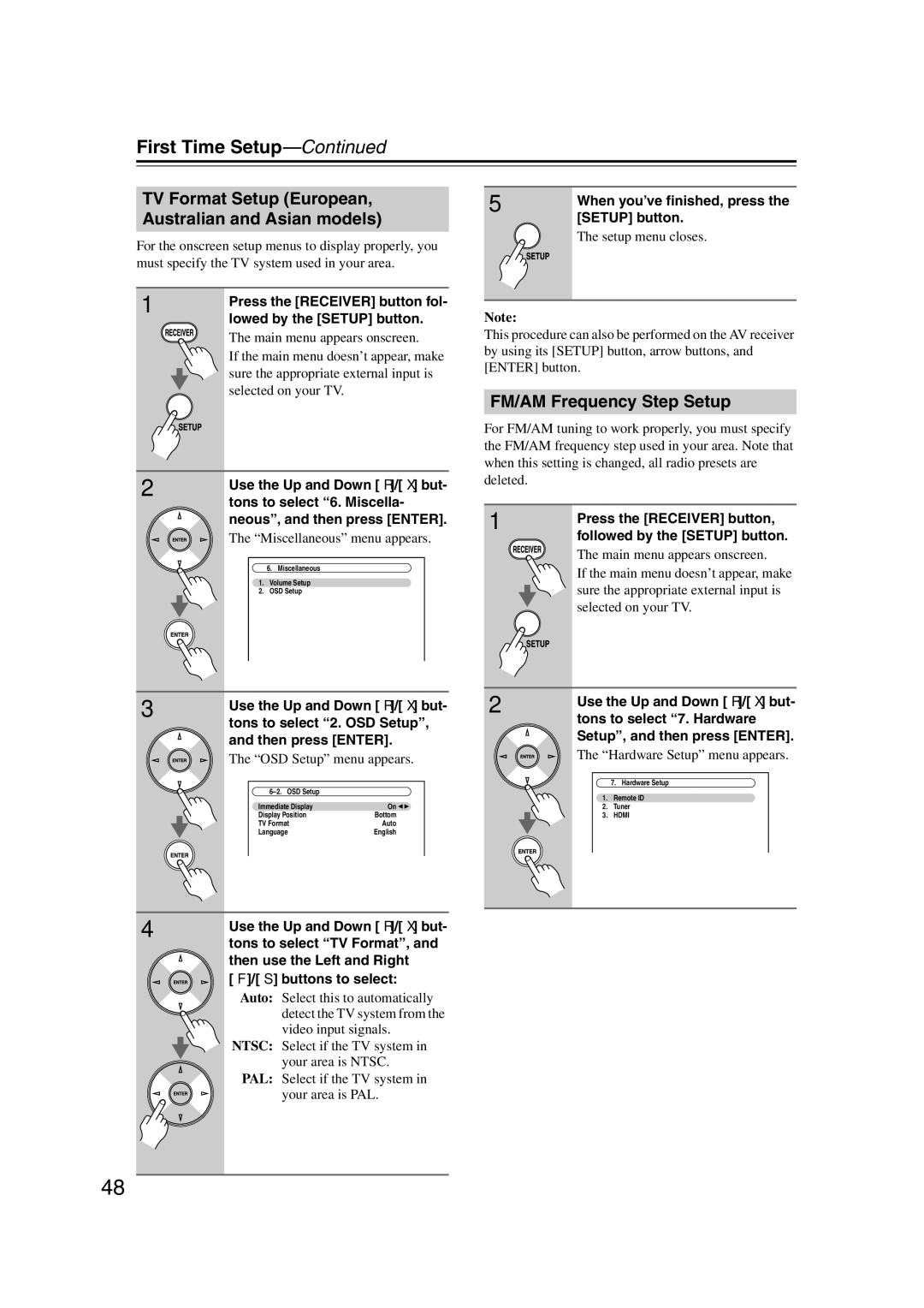 Onkyo TX-SR707 instruction manual TV Format Setup European, Australian and Asian models, FM/AM Frequency Step Setup 