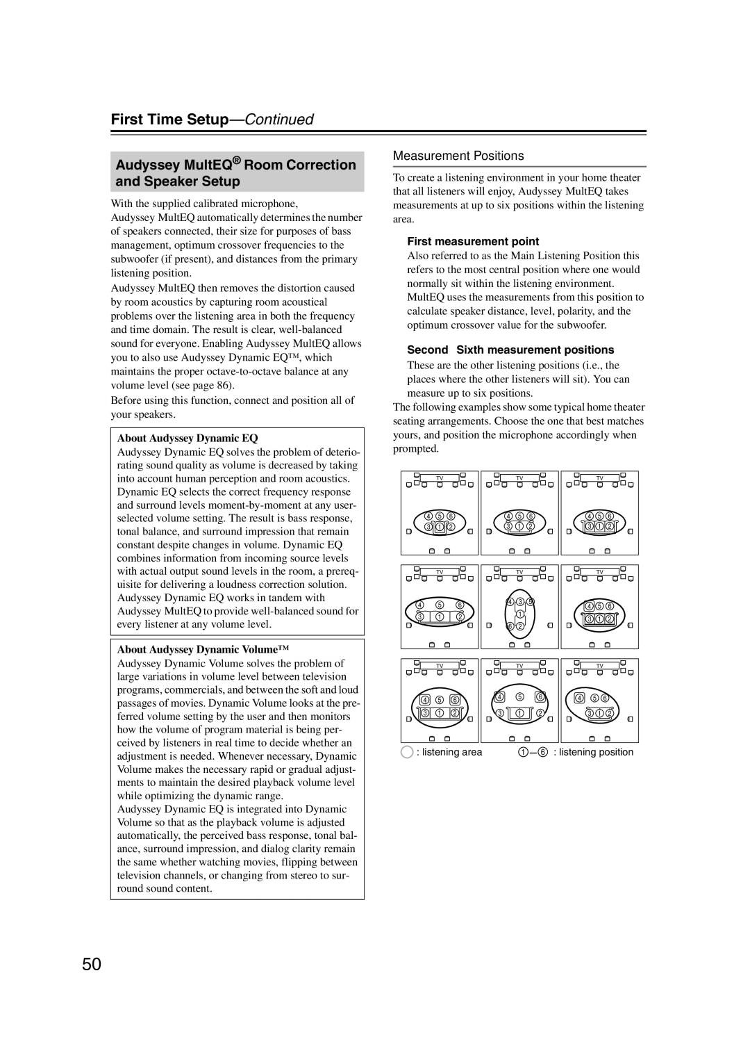 Onkyo TX-SR707 Audyssey MultEQ Room Correction and Speaker Setup, Measurement Positions, First measurement point 