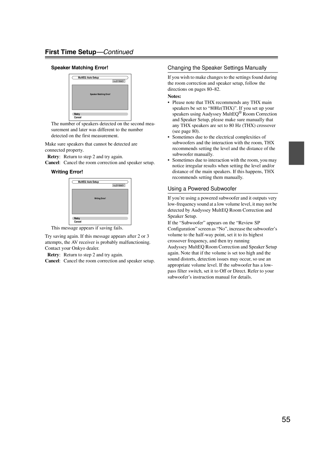 Onkyo TX-SR707 Changing the Speaker Settings Manually, Using a Powered Subwoofer, Speaker Matching Error, Writing Error 