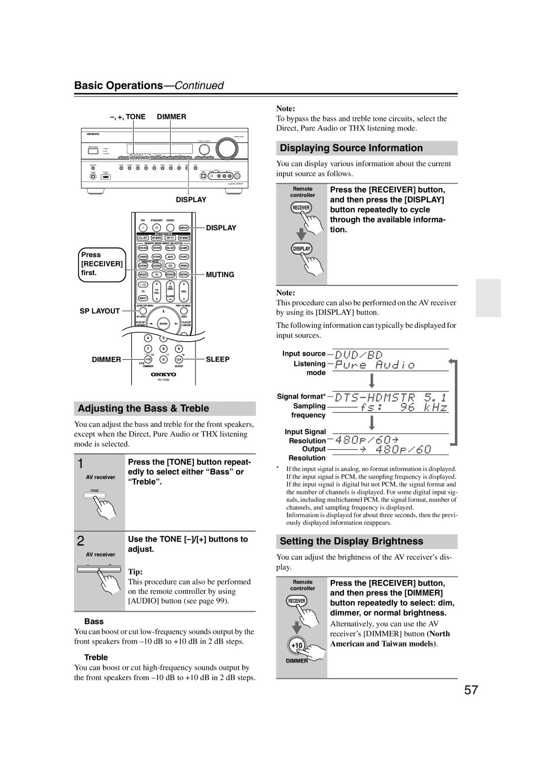 Onkyo TX-SR707 instruction manual Basic Operations, Adjusting the Bass & Treble, Displaying Source Information 