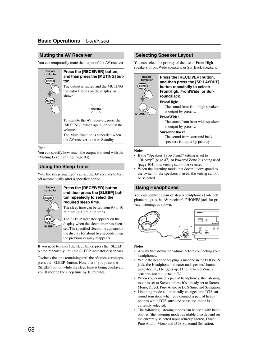 Onkyo TX-SR707 instruction manual Muting the AV Receiver, Using the Sleep Timer, Selecting Speaker Layout, Using Headphones 