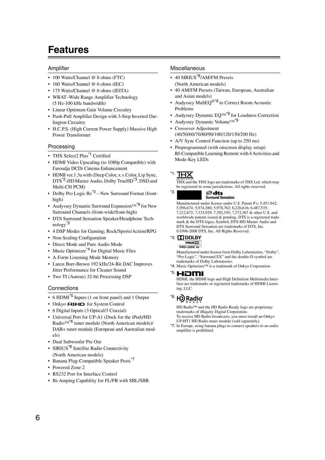 Onkyo TX-SR707 instruction manual Features, Amplifier, Processing, Connections, Miscellaneous 