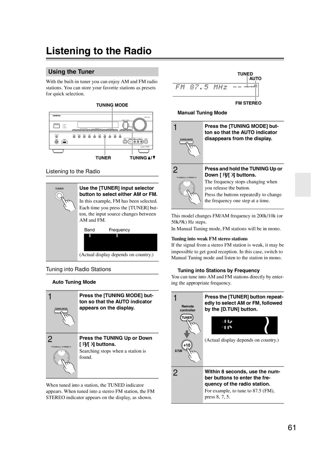 Onkyo TX-SR707 instruction manual Listening to the Radio, Using the Tuner, Tuning into Radio Stations 