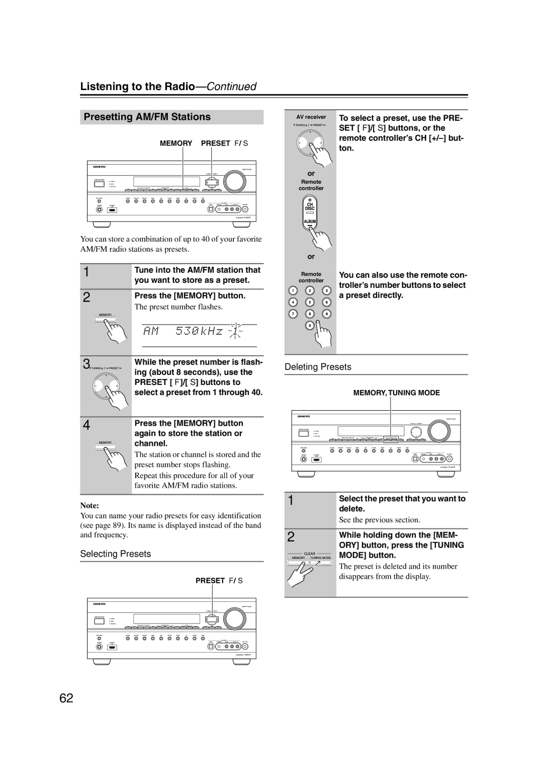 Onkyo TX-SR707 instruction manual Listening to the Radio, Presetting AM/FM Stations, Selecting Presets, Deleting Presets 