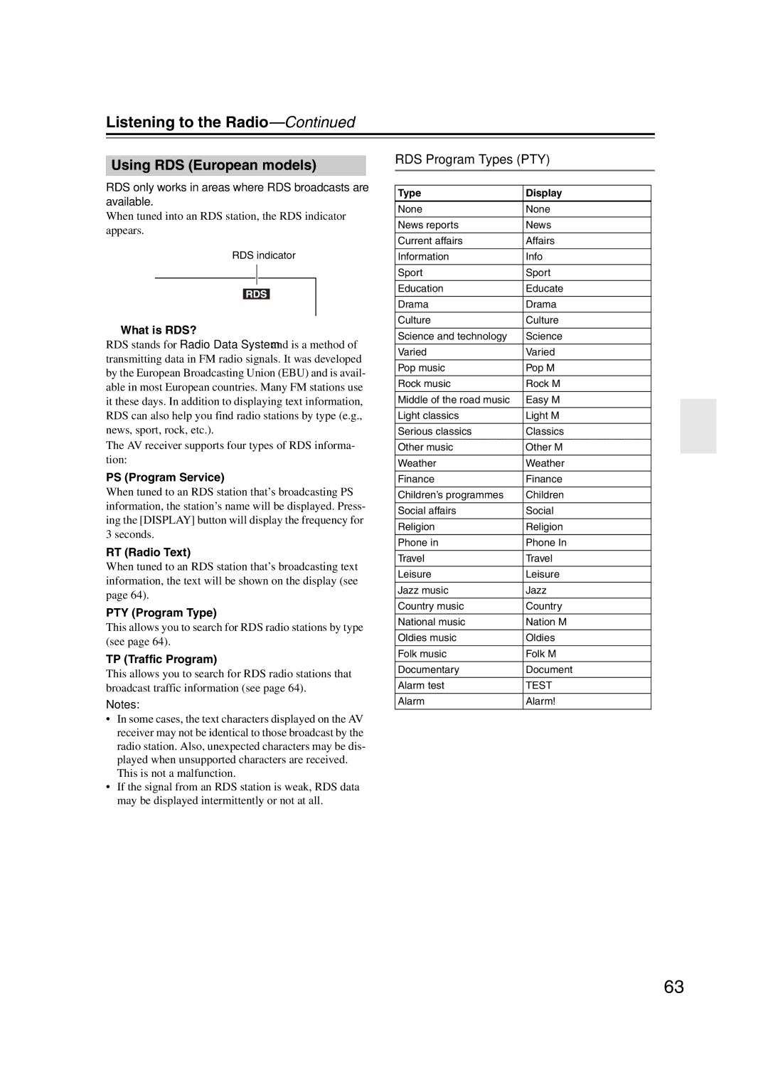 Onkyo TX-SR707 instruction manual Using RDS European models, RDS Program Types PTY 