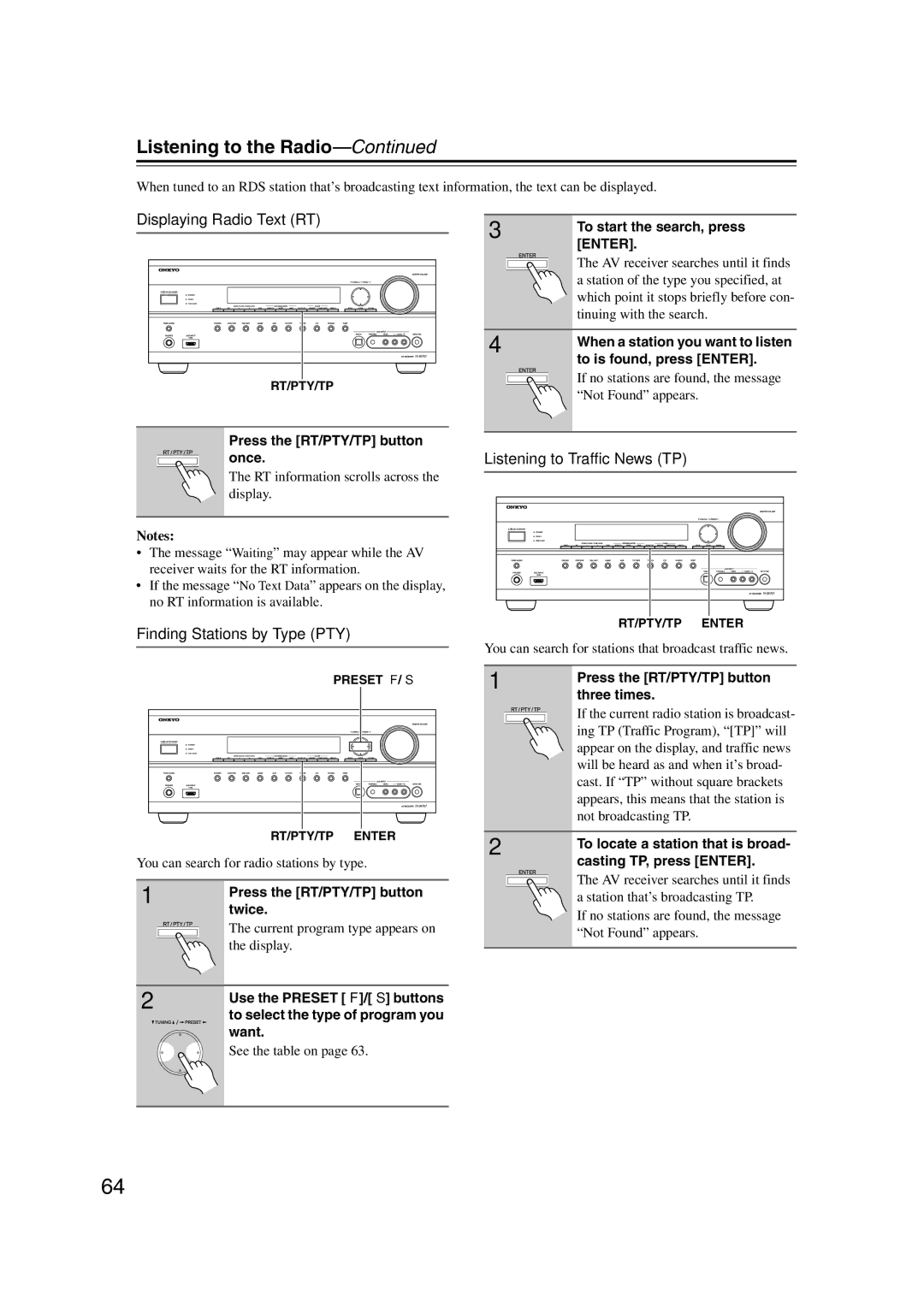 Onkyo TX-SR707 instruction manual Displaying Radio Text RT, Finding Stations by Type PTY Listening to Traffic News TP 