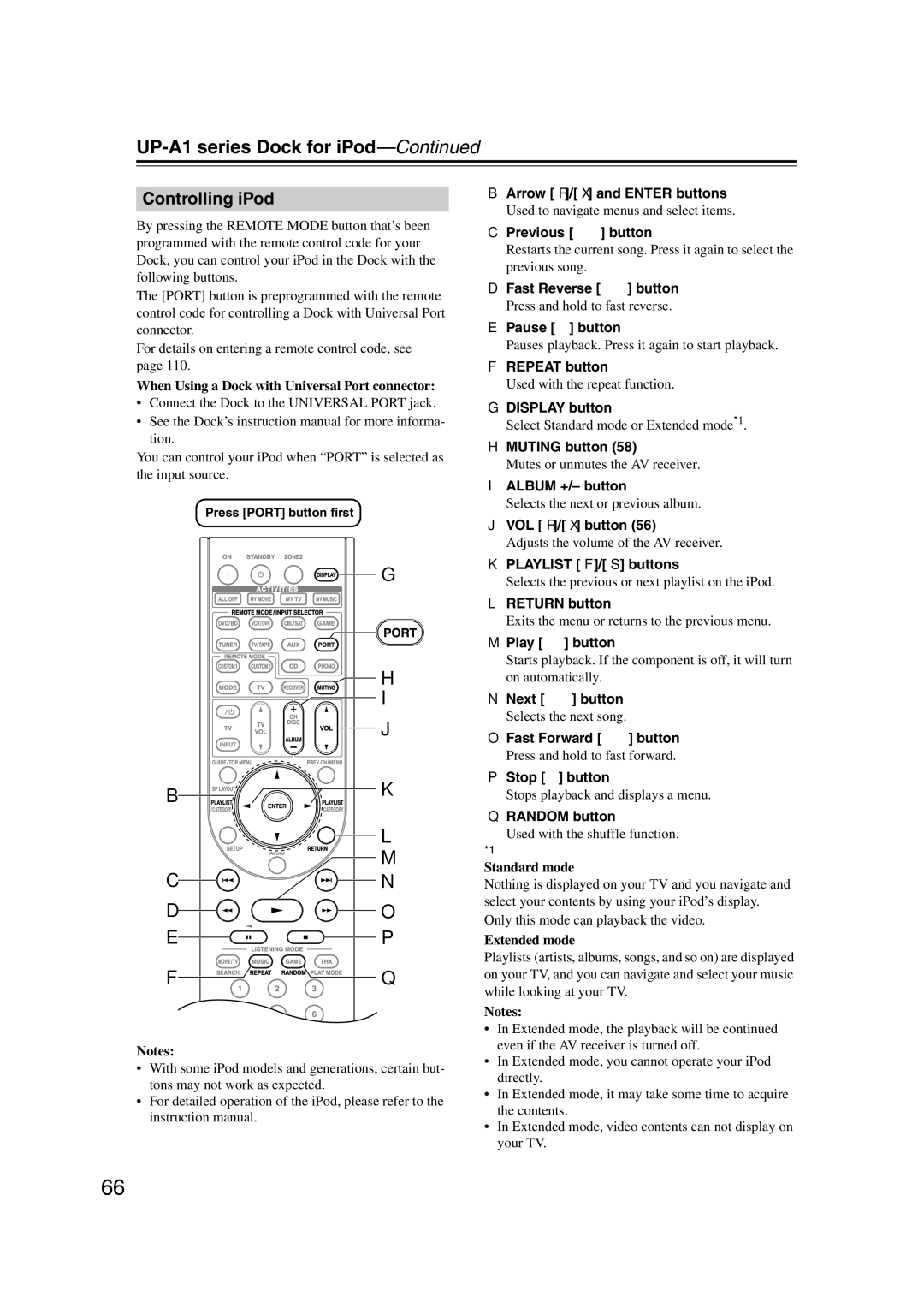 Onkyo TX-SR707 instruction manual UP-A1 series Dock for iPod, Controlling iPod 