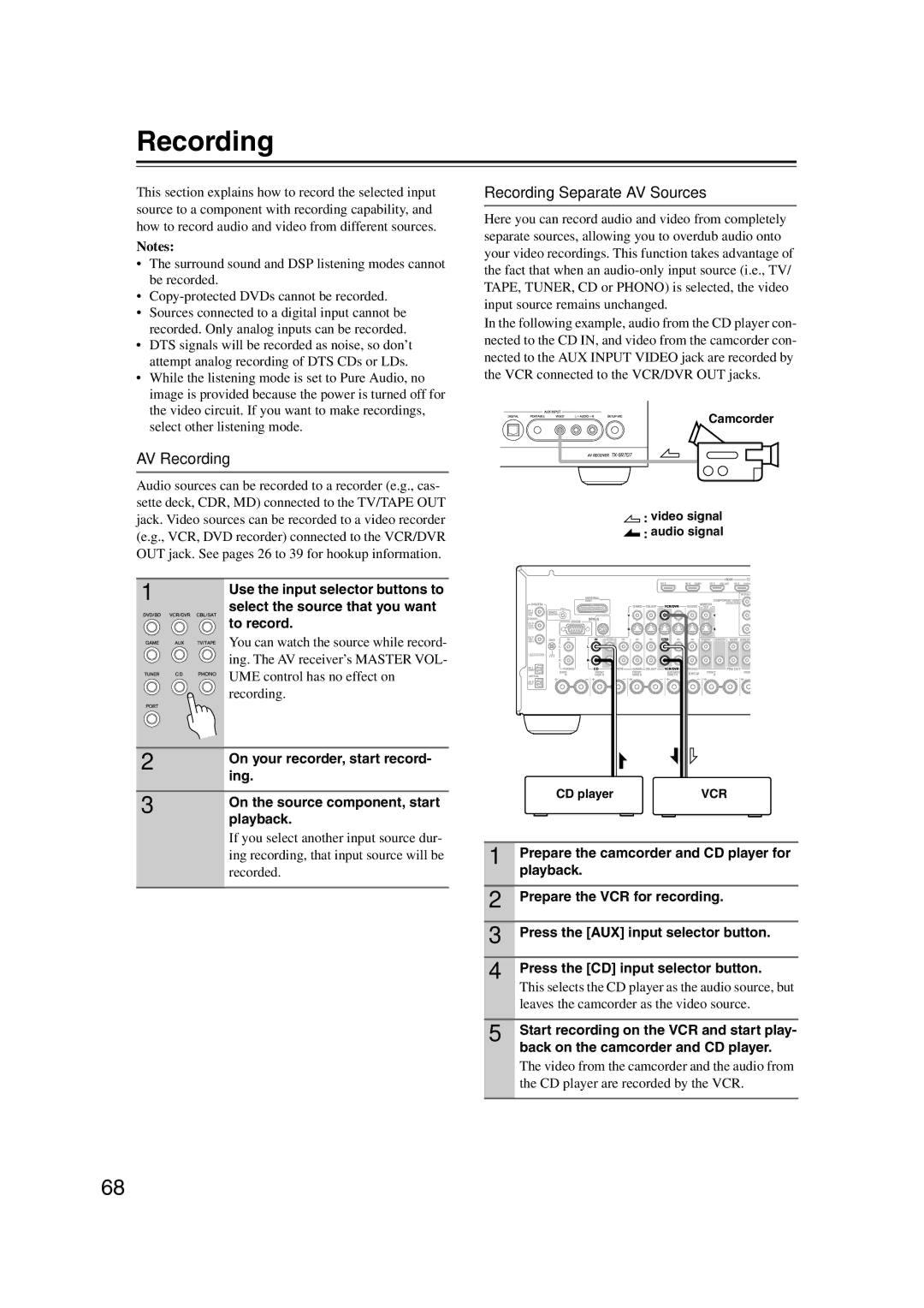 Onkyo TX-SR707 instruction manual AV Recording Recording Separate AV Sources 