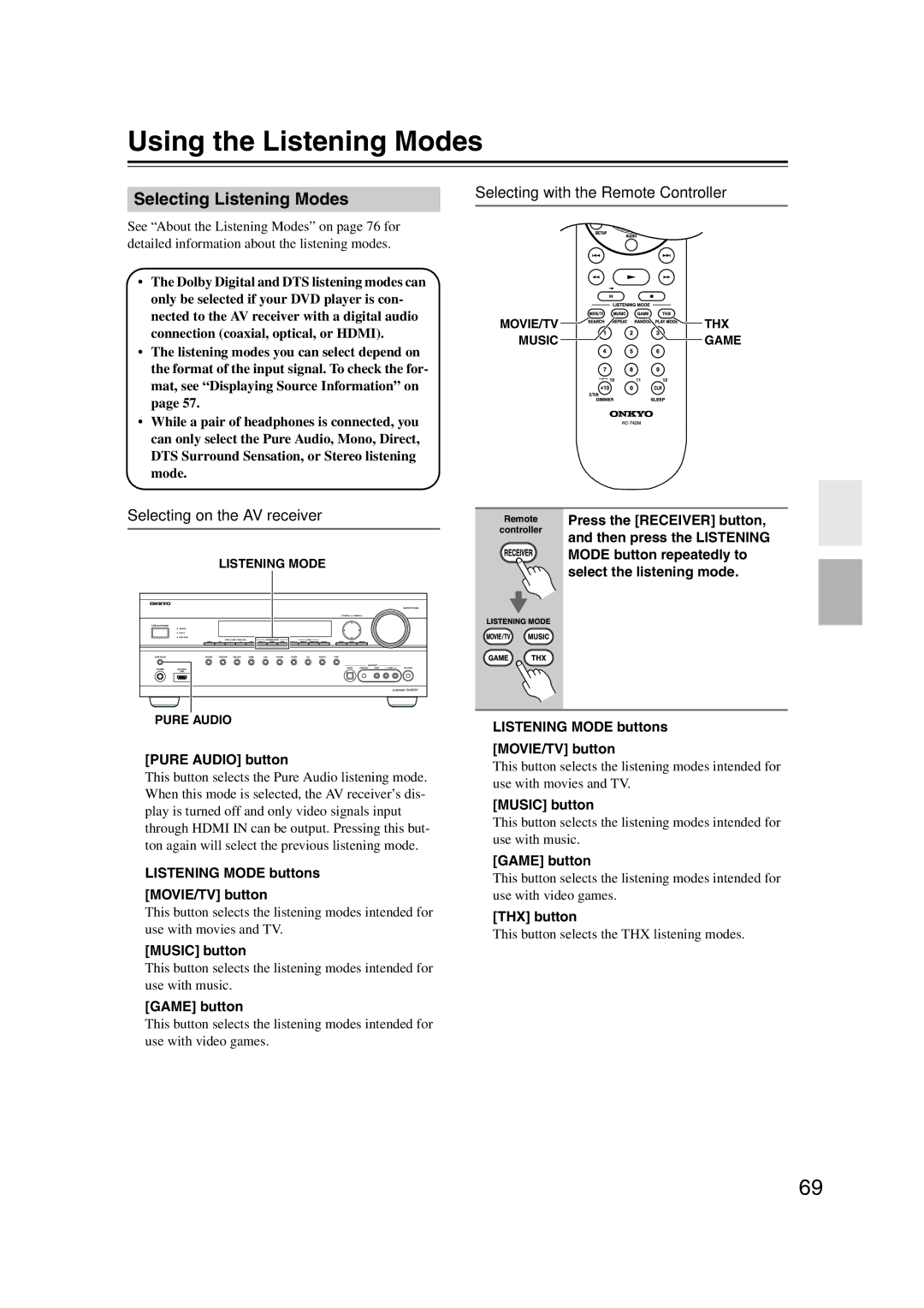 Onkyo TX-SR707 instruction manual Using the Listening Modes, Selecting Listening Modes, Selecting on the AV receiver 