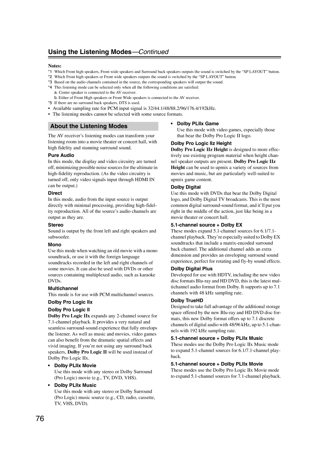 Onkyo TX-SR707 instruction manual About the Listening Modes 