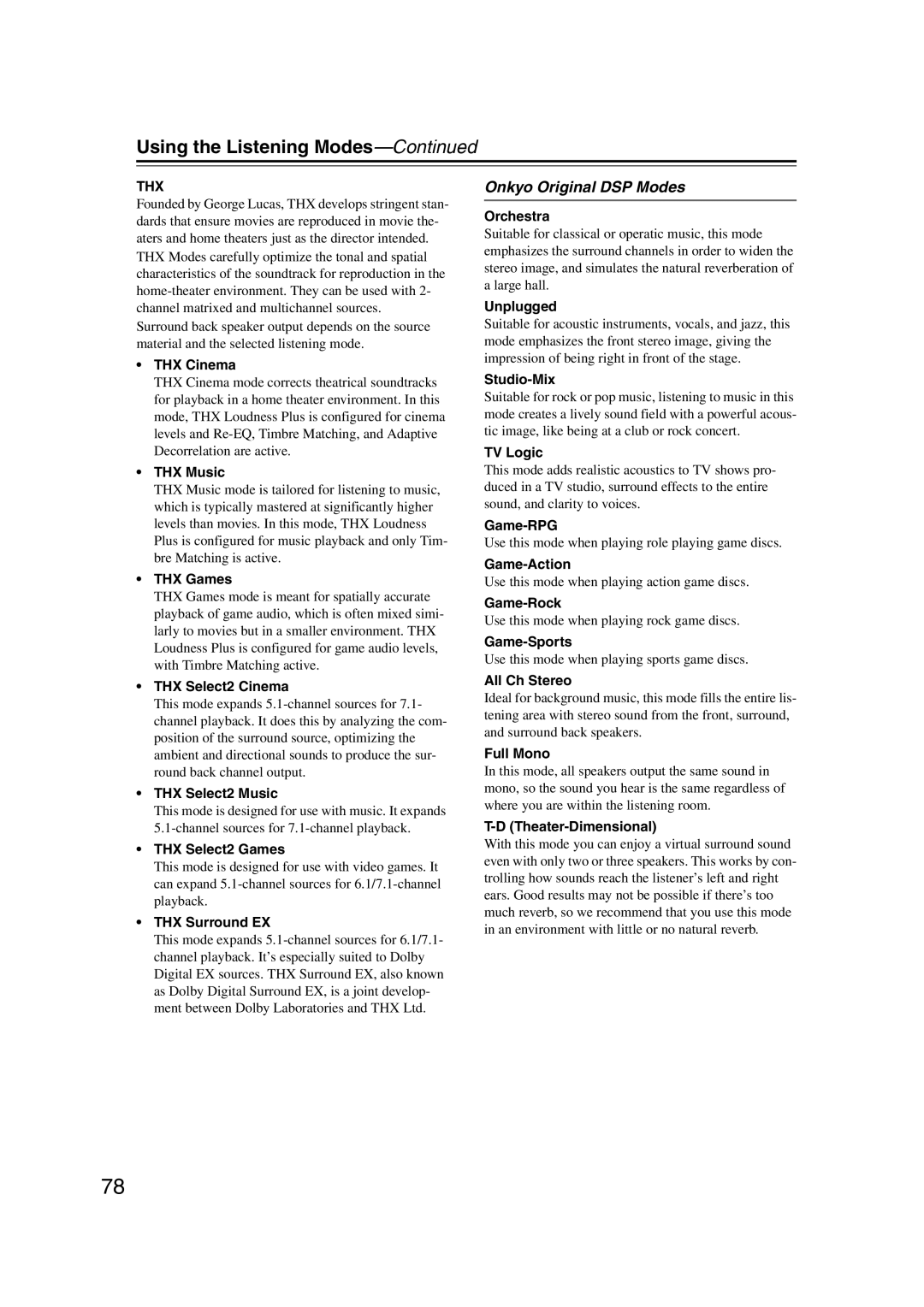 Onkyo TX-SR707 instruction manual Onkyo Original DSP Modes 