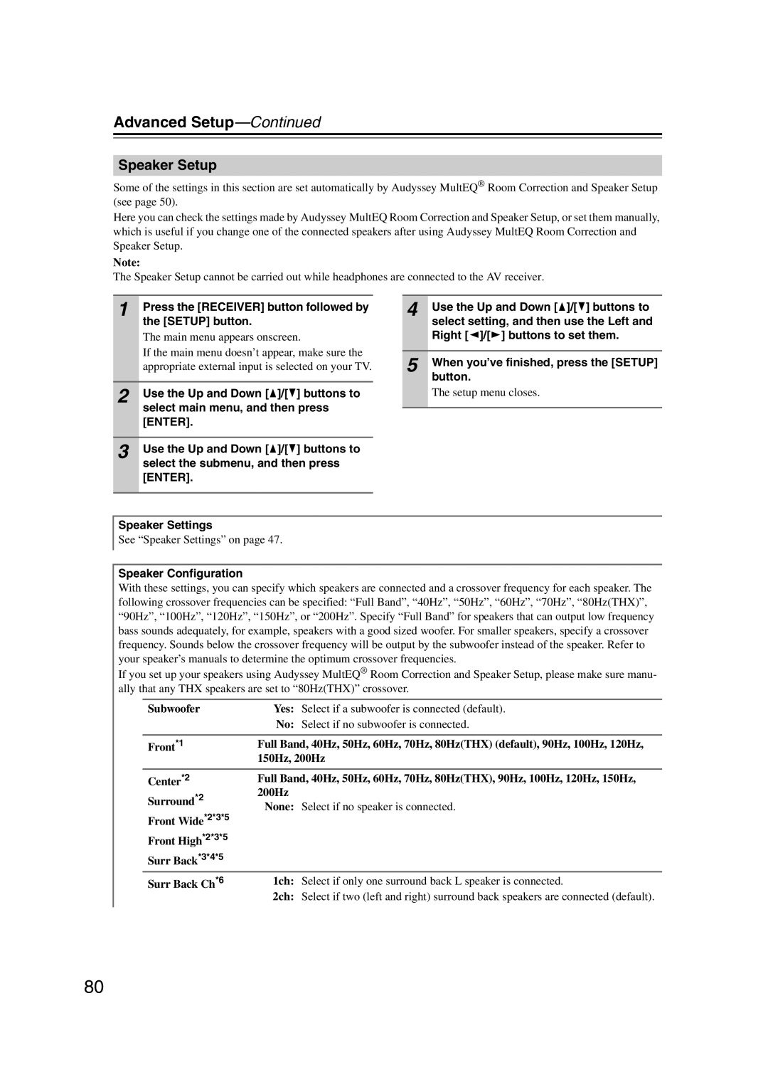 Onkyo TX-SR707 instruction manual Advanced Setup, Speaker Setup 