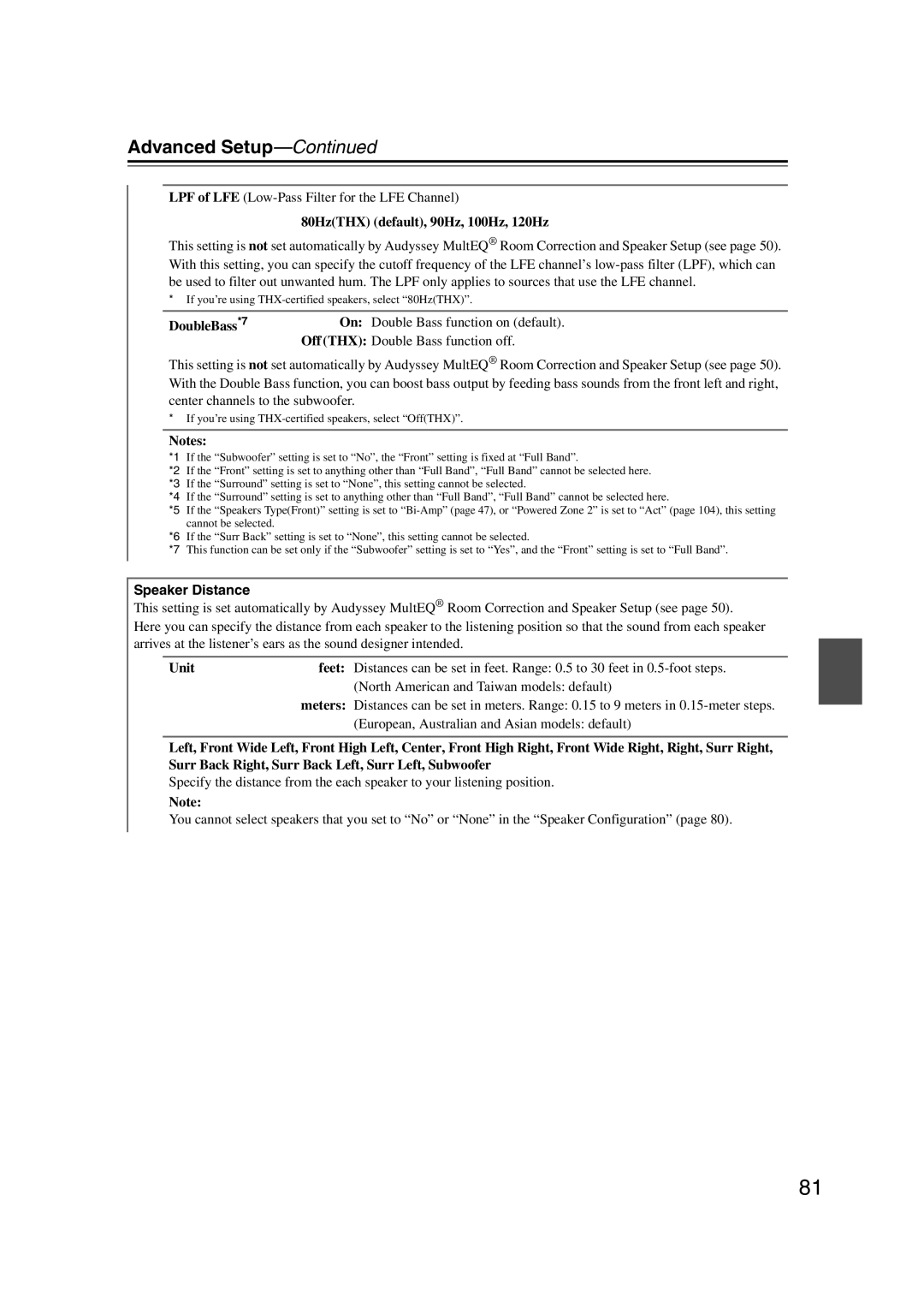 Onkyo TX-SR707 LPF of LFE Low-Pass Filter for the LFE Channel, 80HzTHX default, 90Hz, 100Hz, 120Hz, Speaker Distance, Unit 