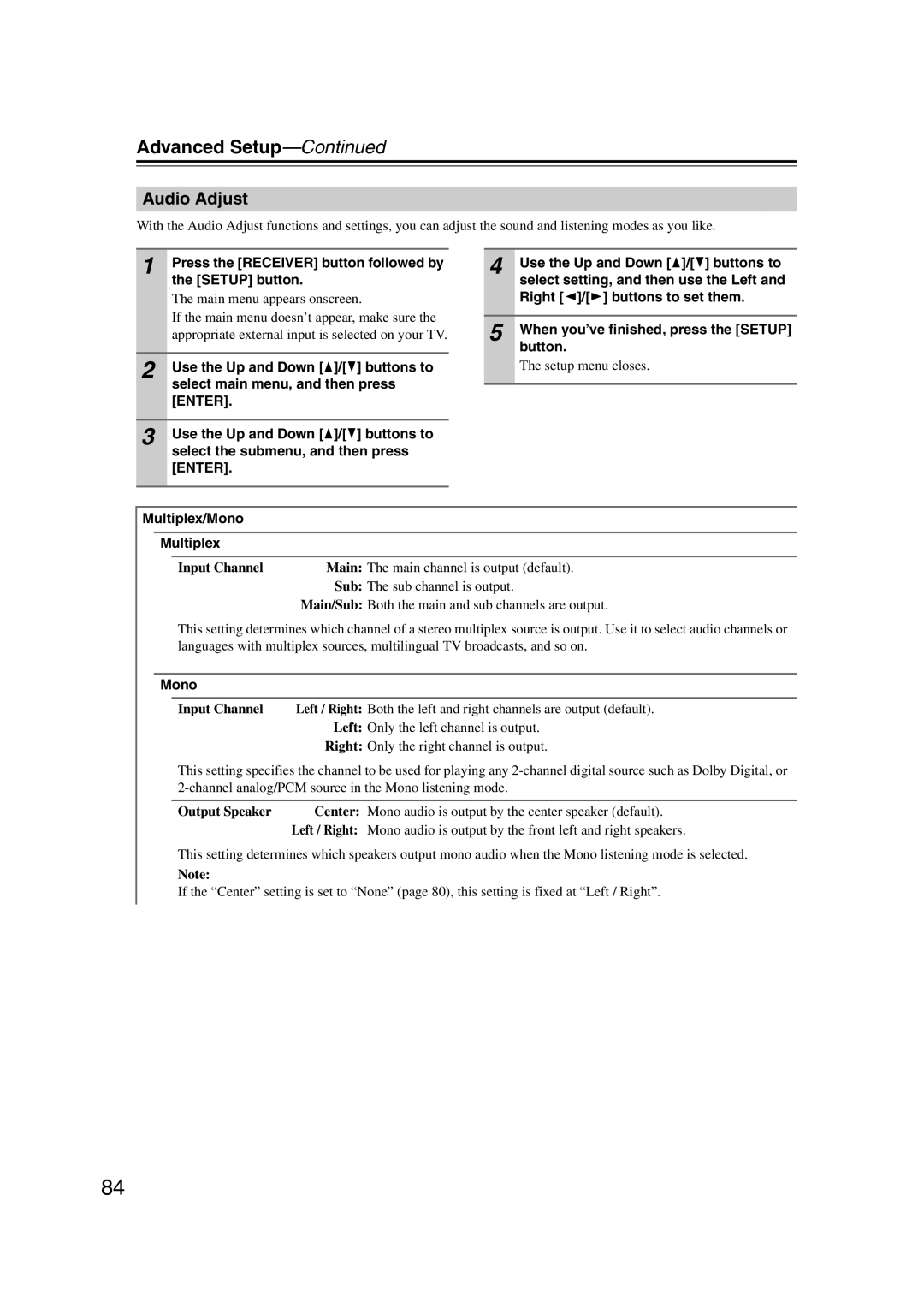 Onkyo TX-SR707 instruction manual Audio Adjust, Multiplex/Mono, Input Channel 