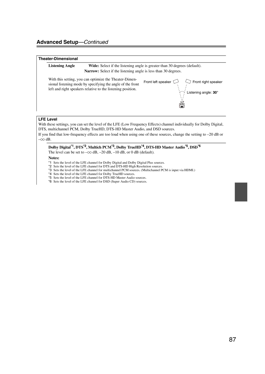 Onkyo TX-SR707 instruction manual Listening Angle, Sional listening mode by specifying the angle of the front, LFE Level 