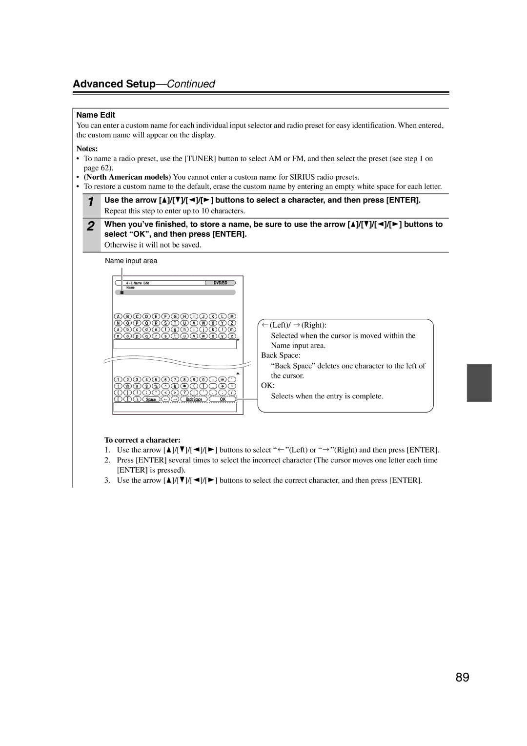 Onkyo TX-SR707 instruction manual Name Edit, Repeat this step to enter up to 10 characters, Otherwise it will not be saved 