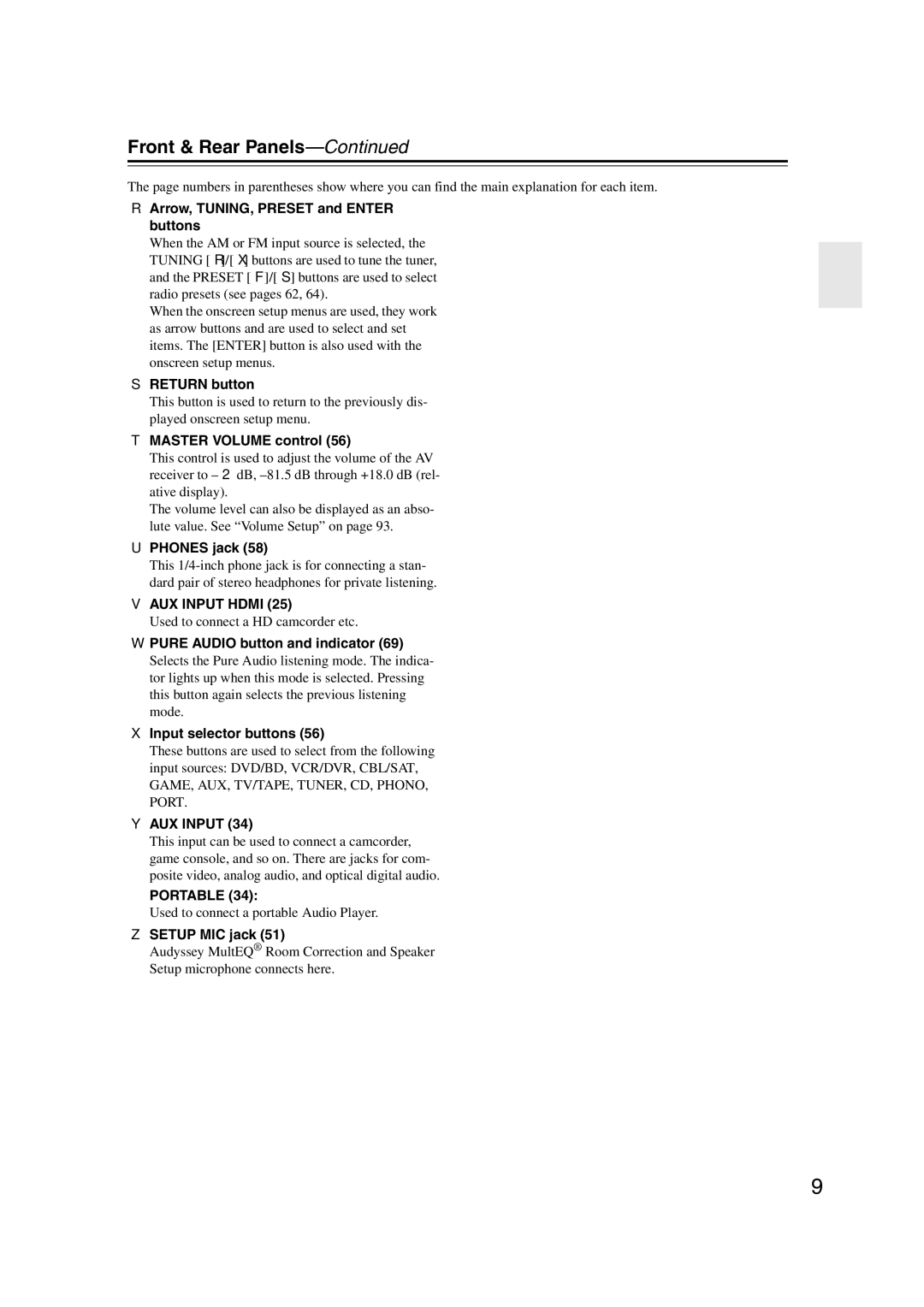 Onkyo TX-SR707 instruction manual Front & Rear Panels 